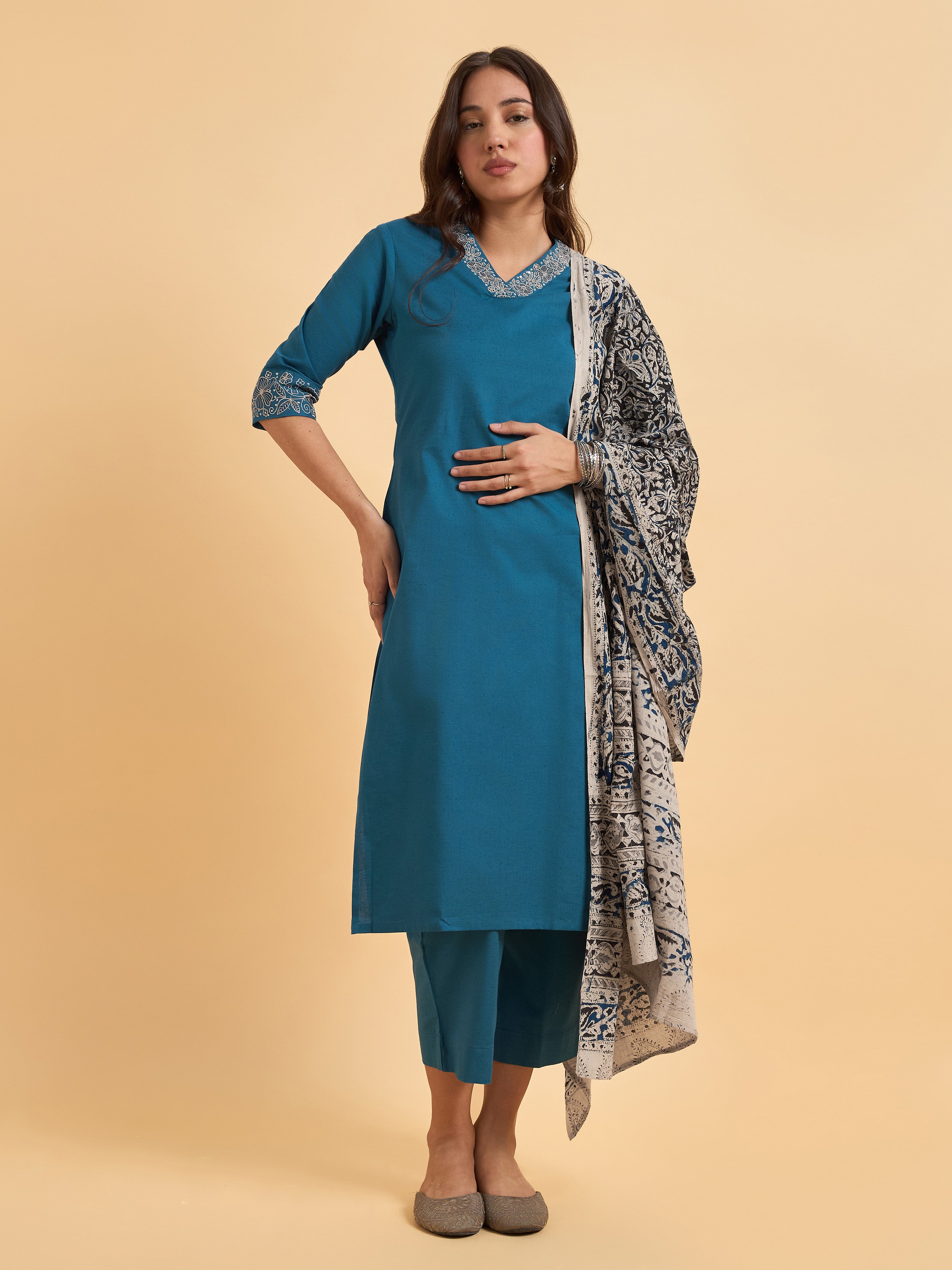 Classic Blue Cotton Flax Plain Kurti Set With Kalamkari Dupatta And Sequence Embroidery