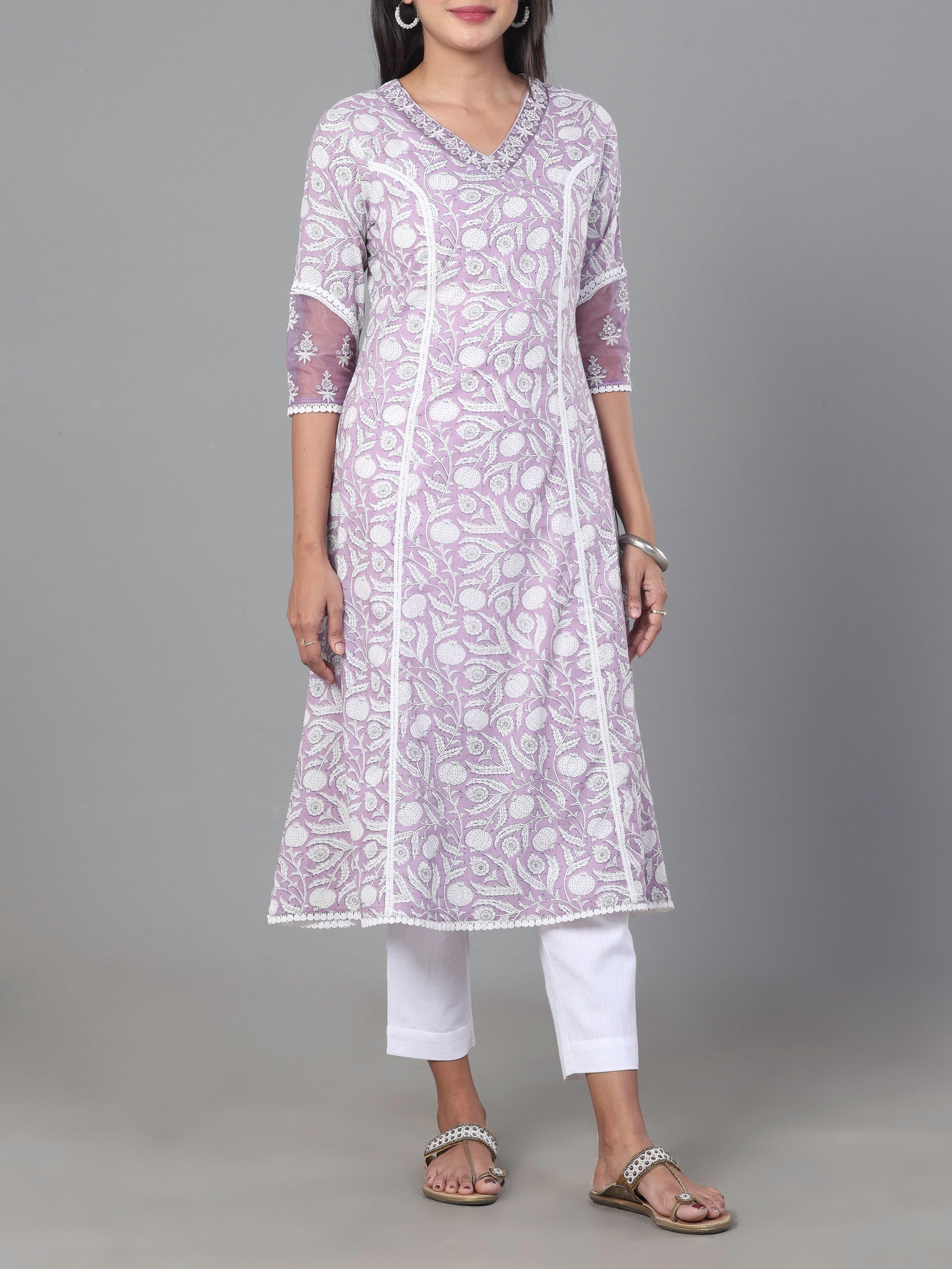 Light Purple Pure Cotton Kurti With Print