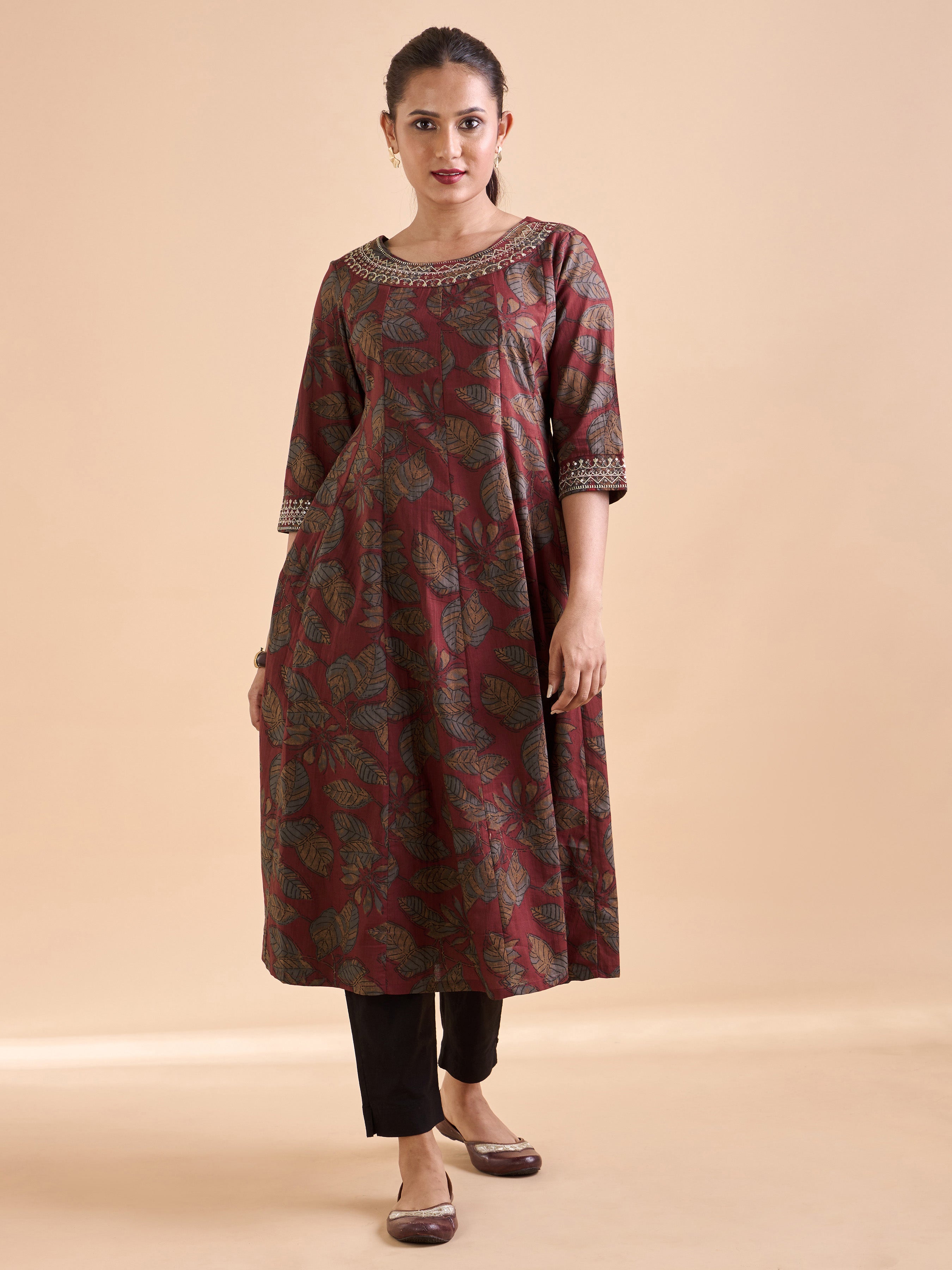 Maroon Pure Cotton Printed Kali Cut Kurti With Embroidery & Sequins Work