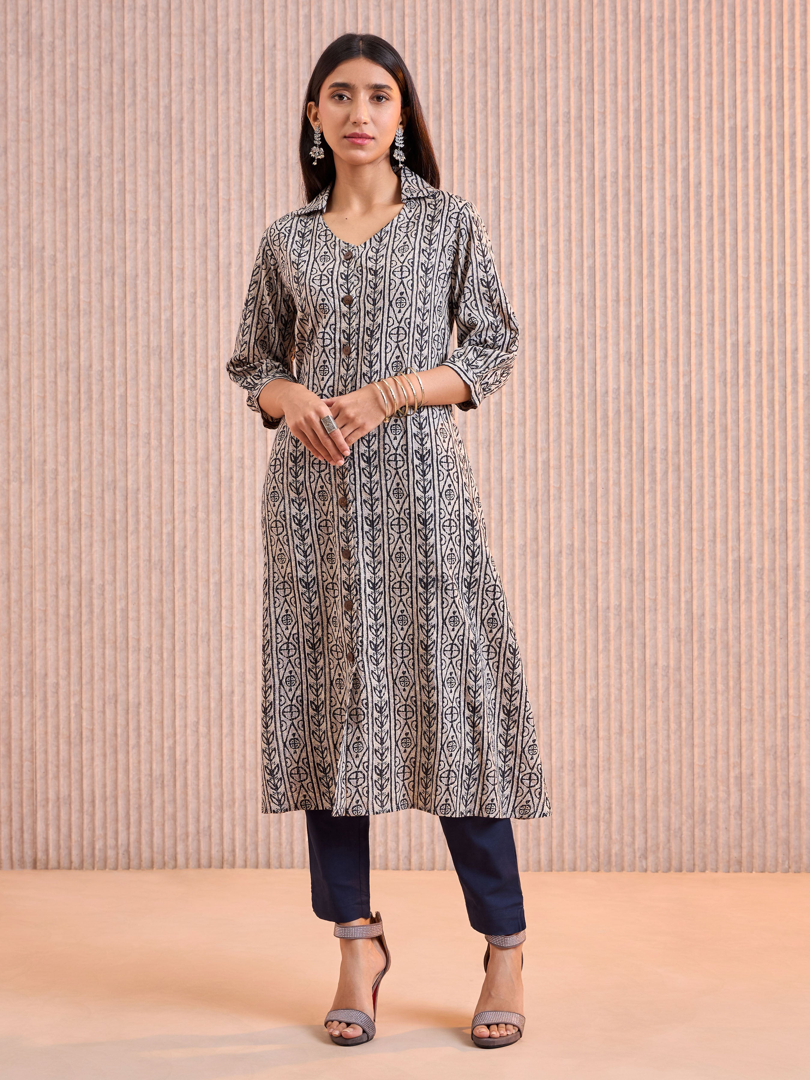 Light Grey Cotton Printed Flared Kurti