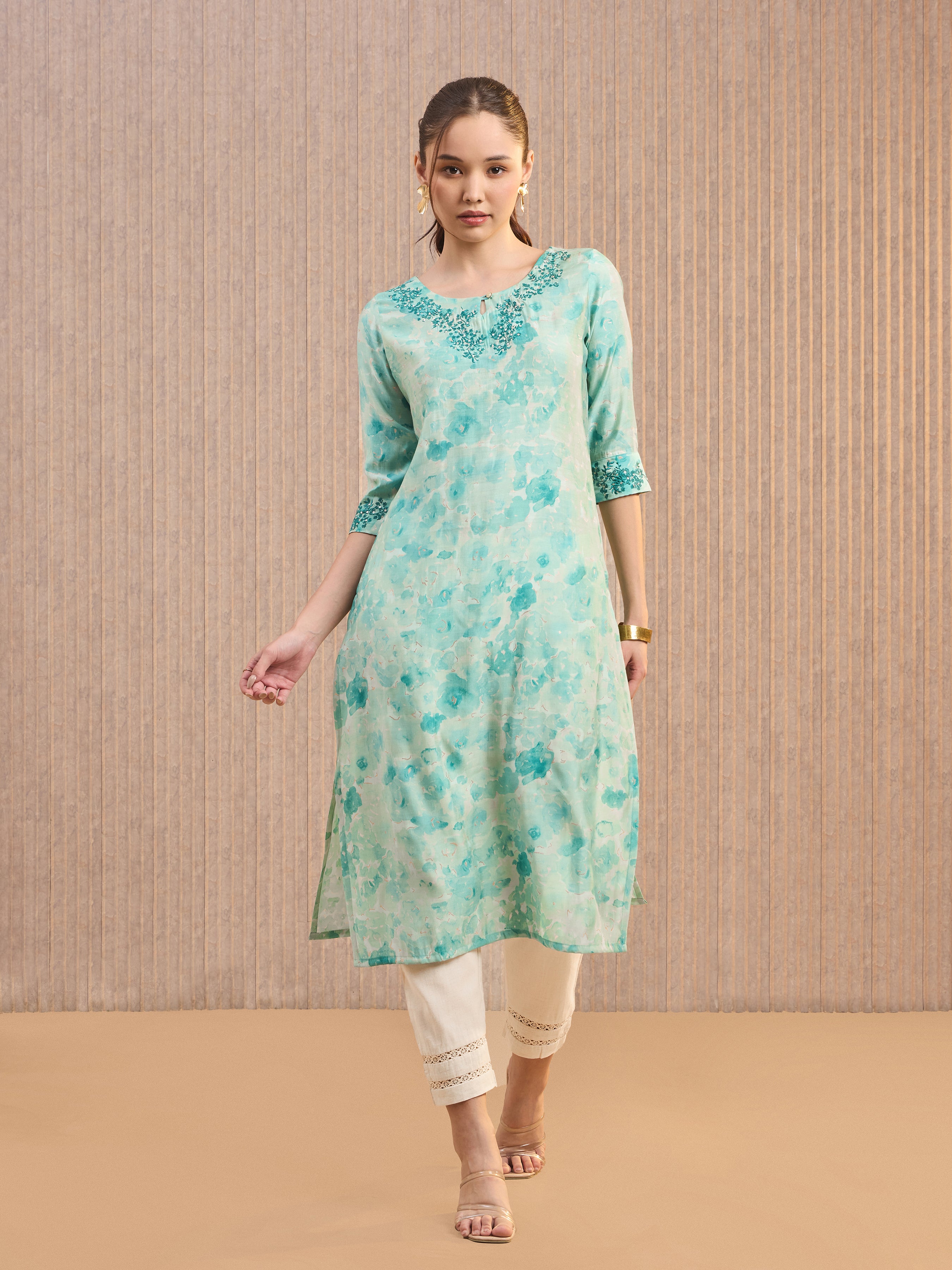 Aqua Green Modal Chanderi Foil Printed Kurti With Embroidery& Sequins Work