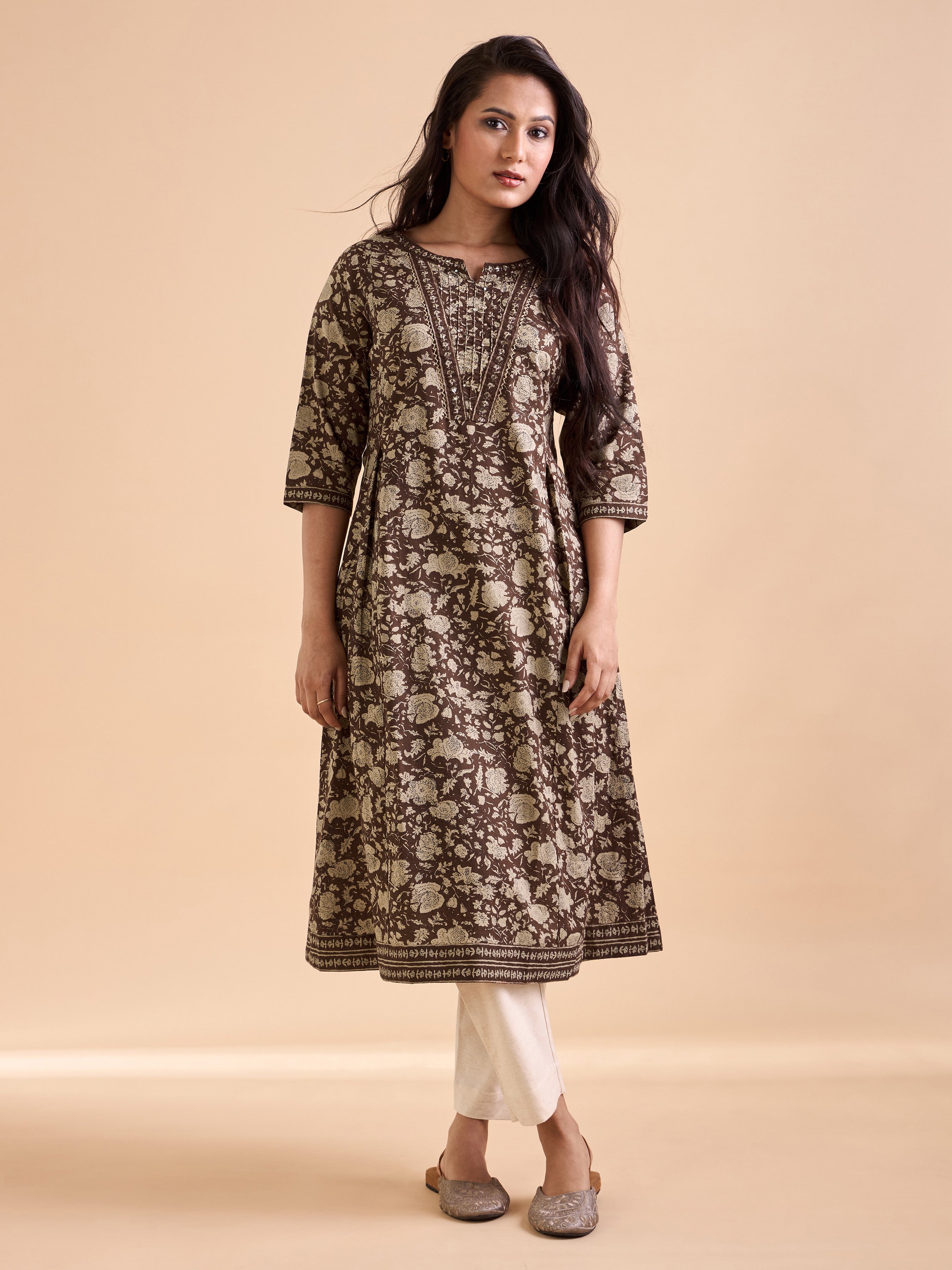 Coffee Brown And Ivory Pure Cotton Printed Kurti With Embroidery