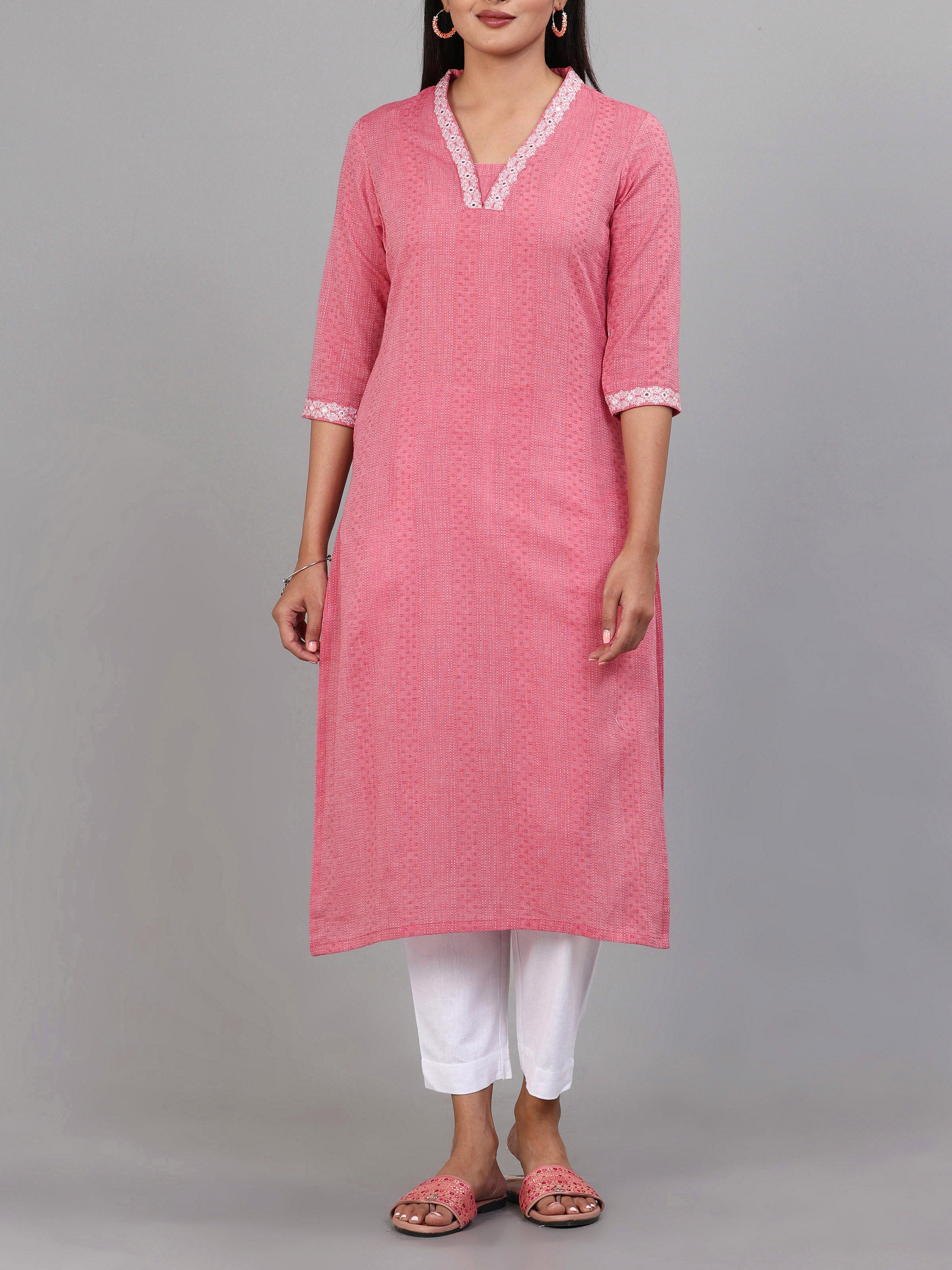 Onion Pink Cotton Dobby Kurti With Cording Embroidery