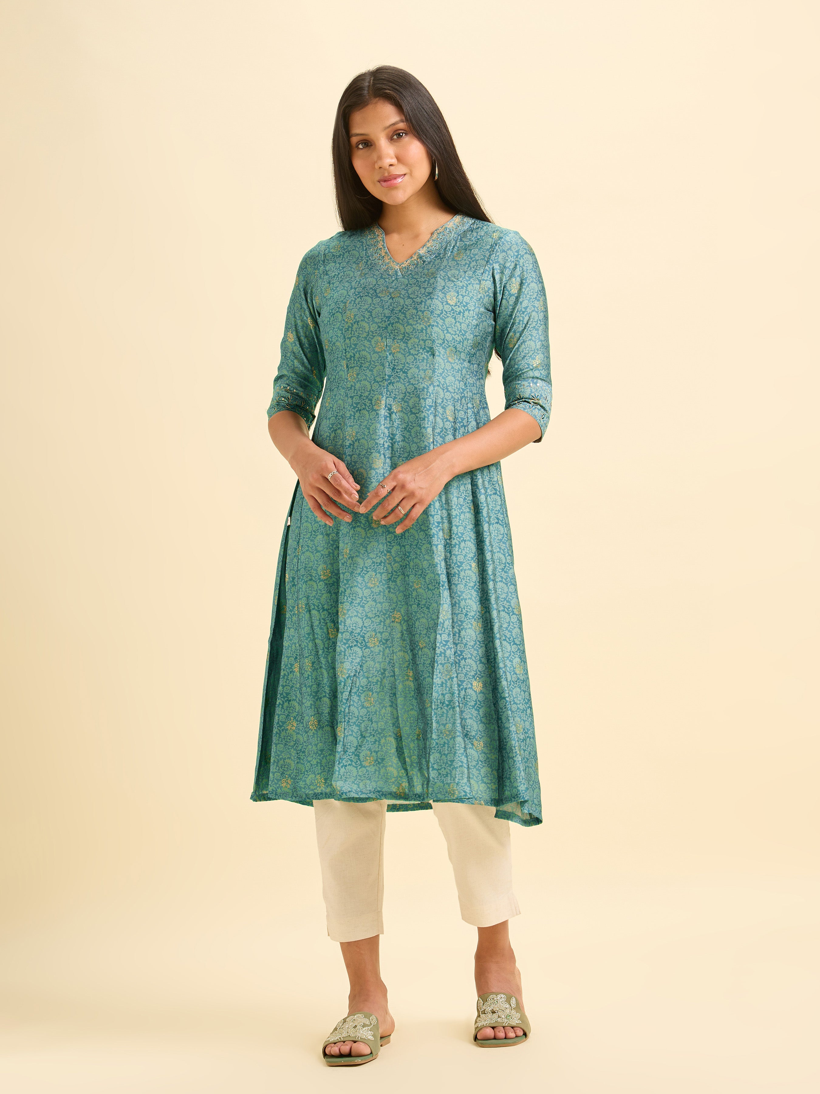 Teal Blue Modal Chanderi Printed Kalicut Kurti With Embroidery And Sequins Work