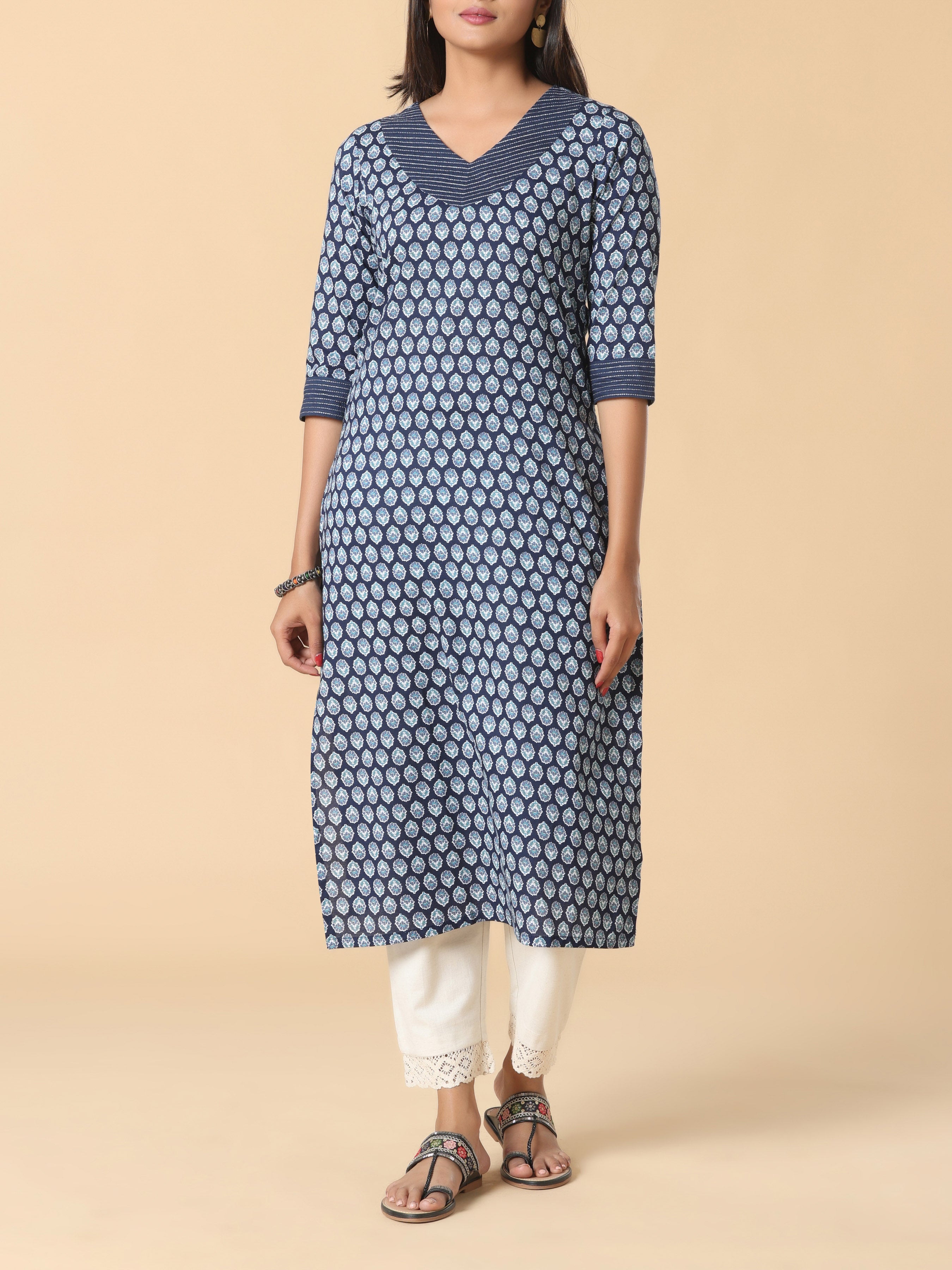 Navy Blue Pure Cotton Kurti With Embroidery