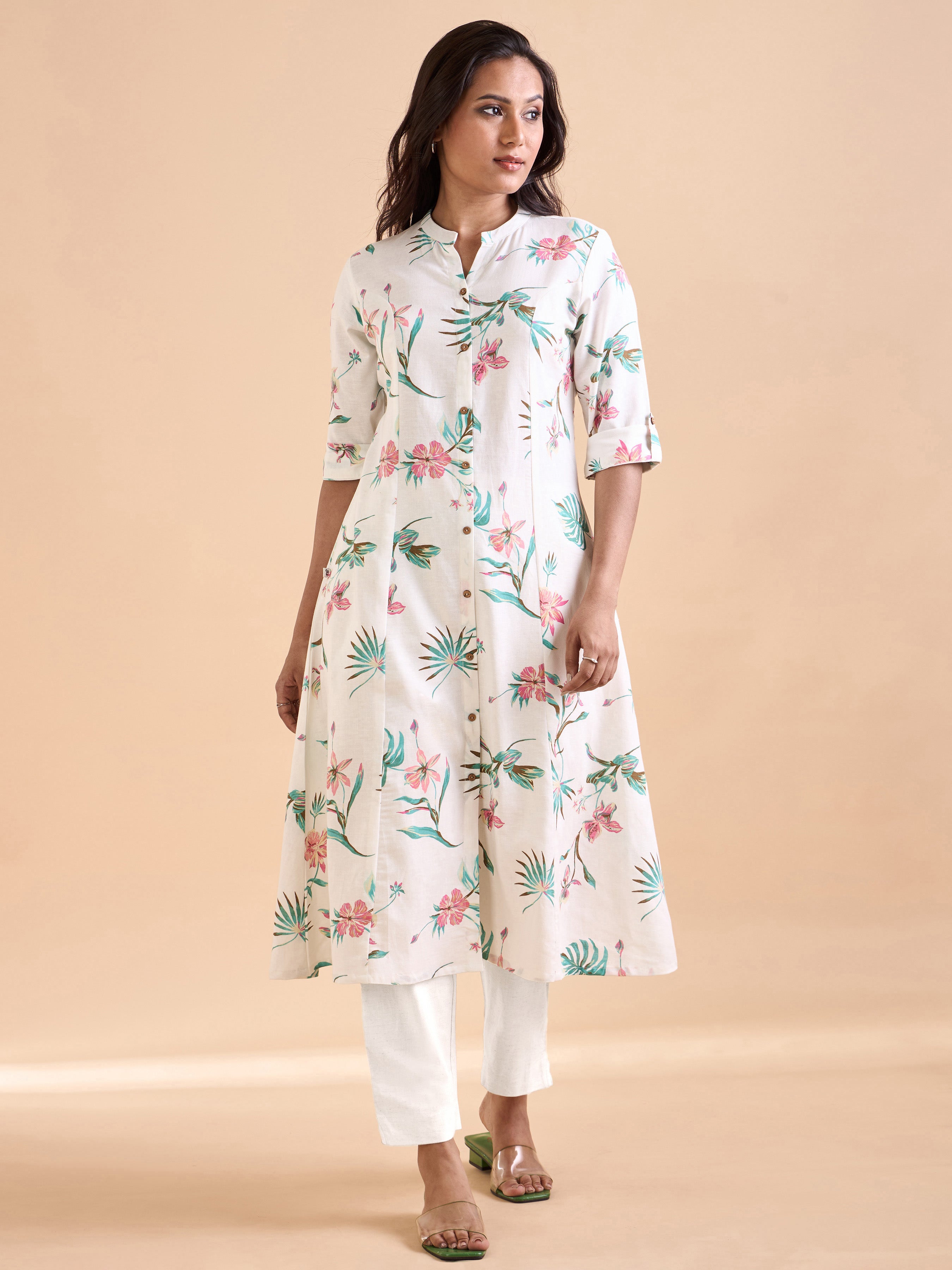 White Viscose Slub Floral Printed Kurti With Lace