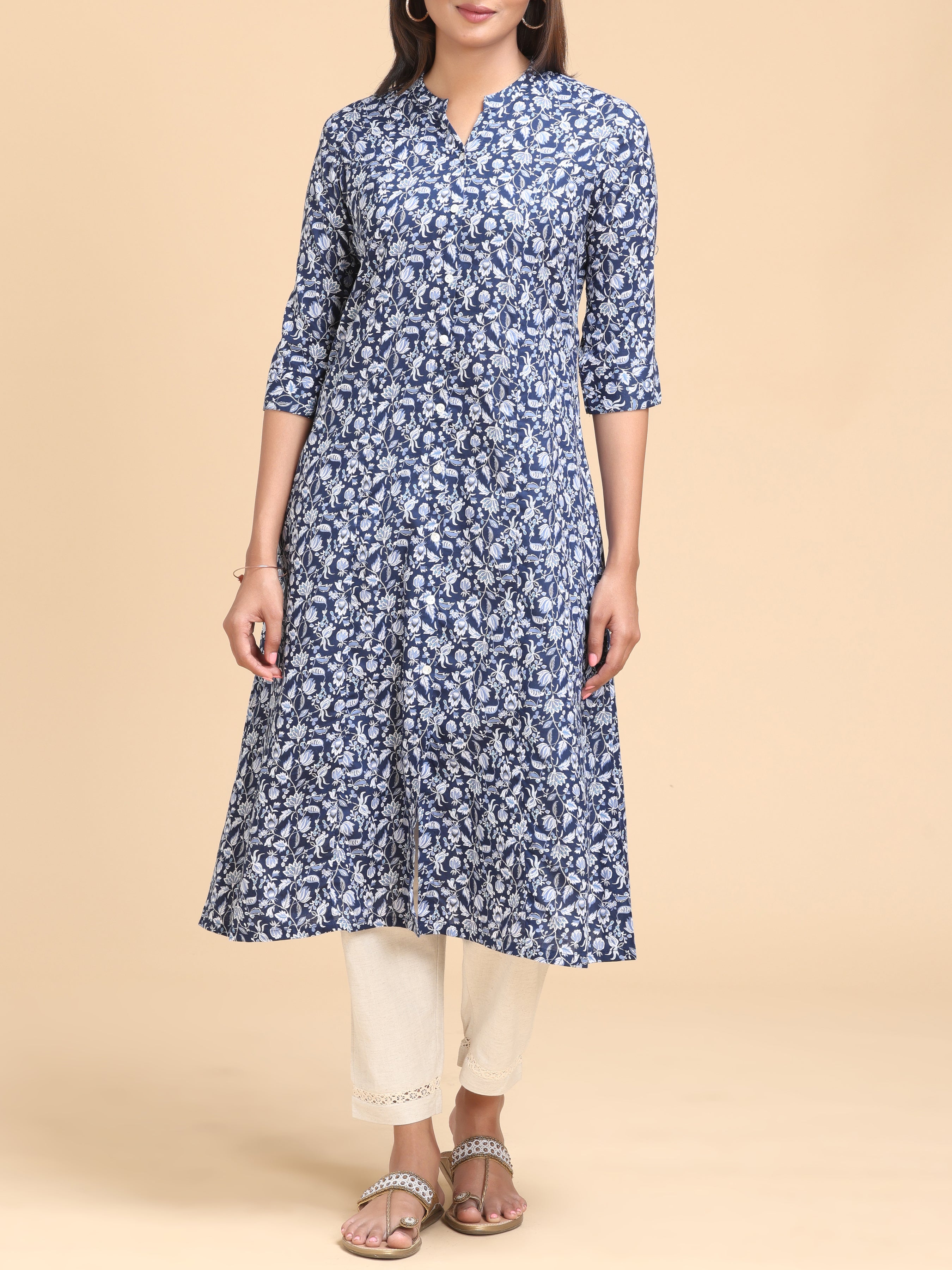 Blue Viscose Kurti With Floral Print