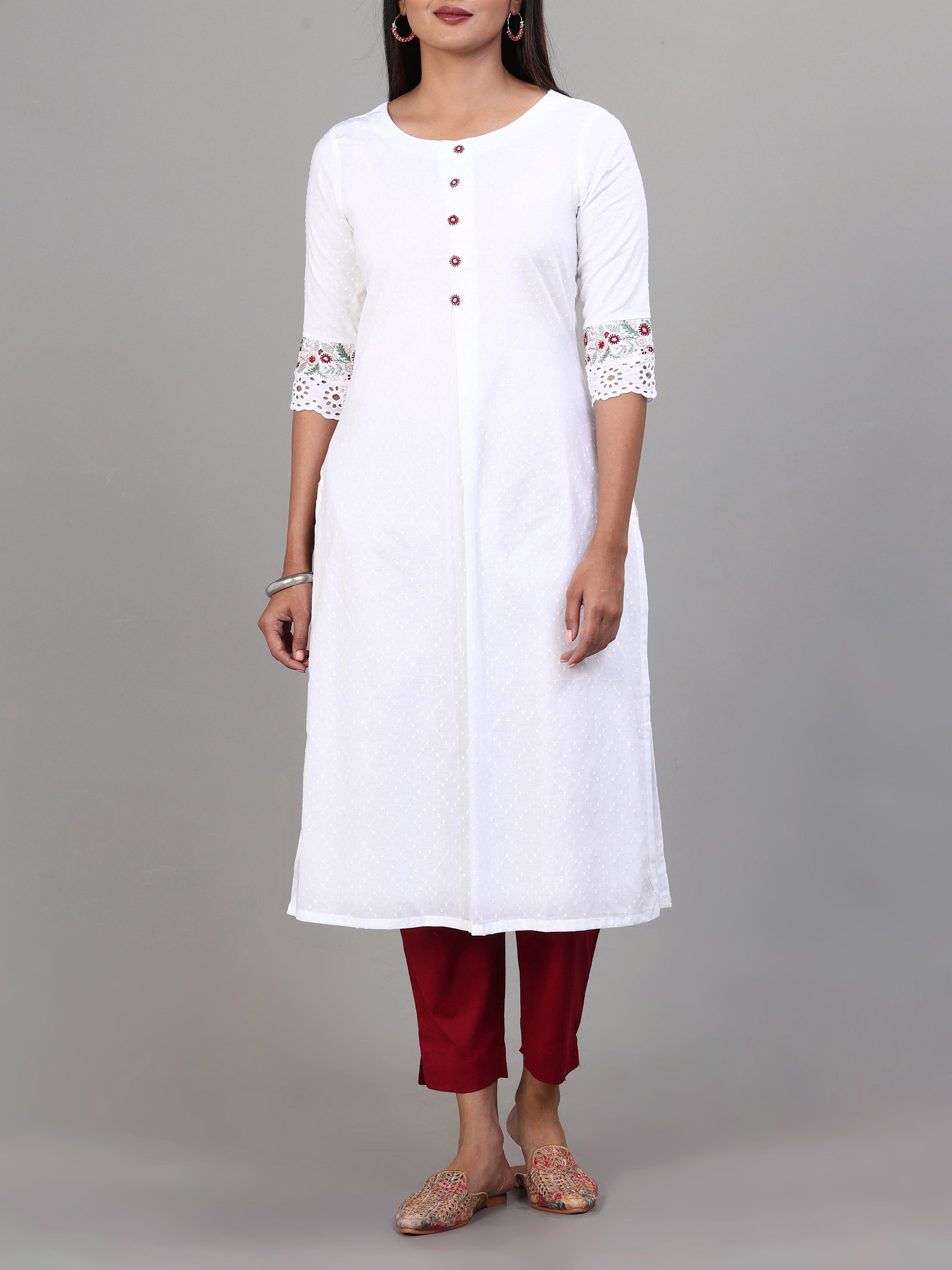 White Cotton Embroidery Kurti With Lace Detailing