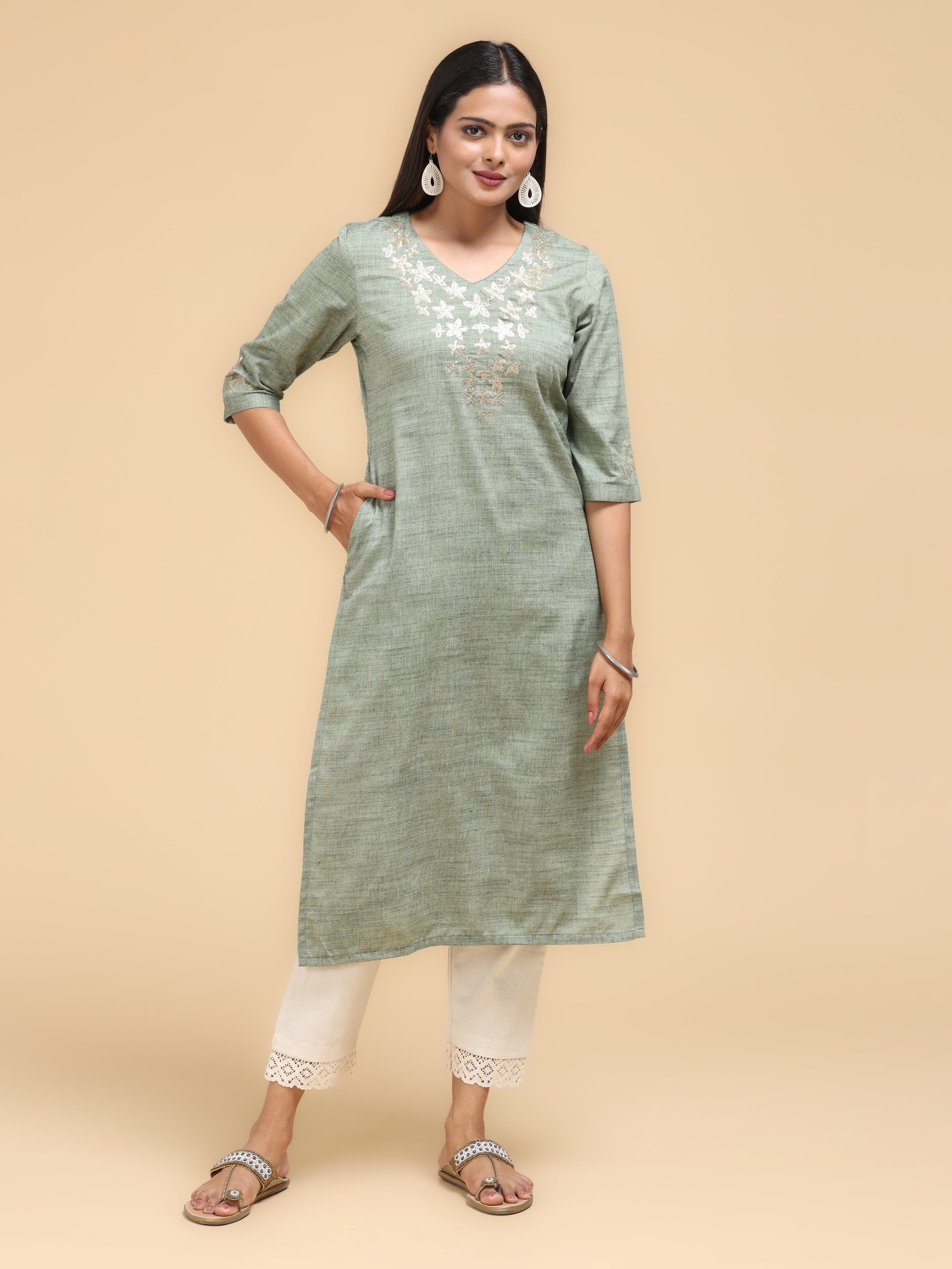 Pastel Green Wrinkled Viscose Kurti With Embroidery