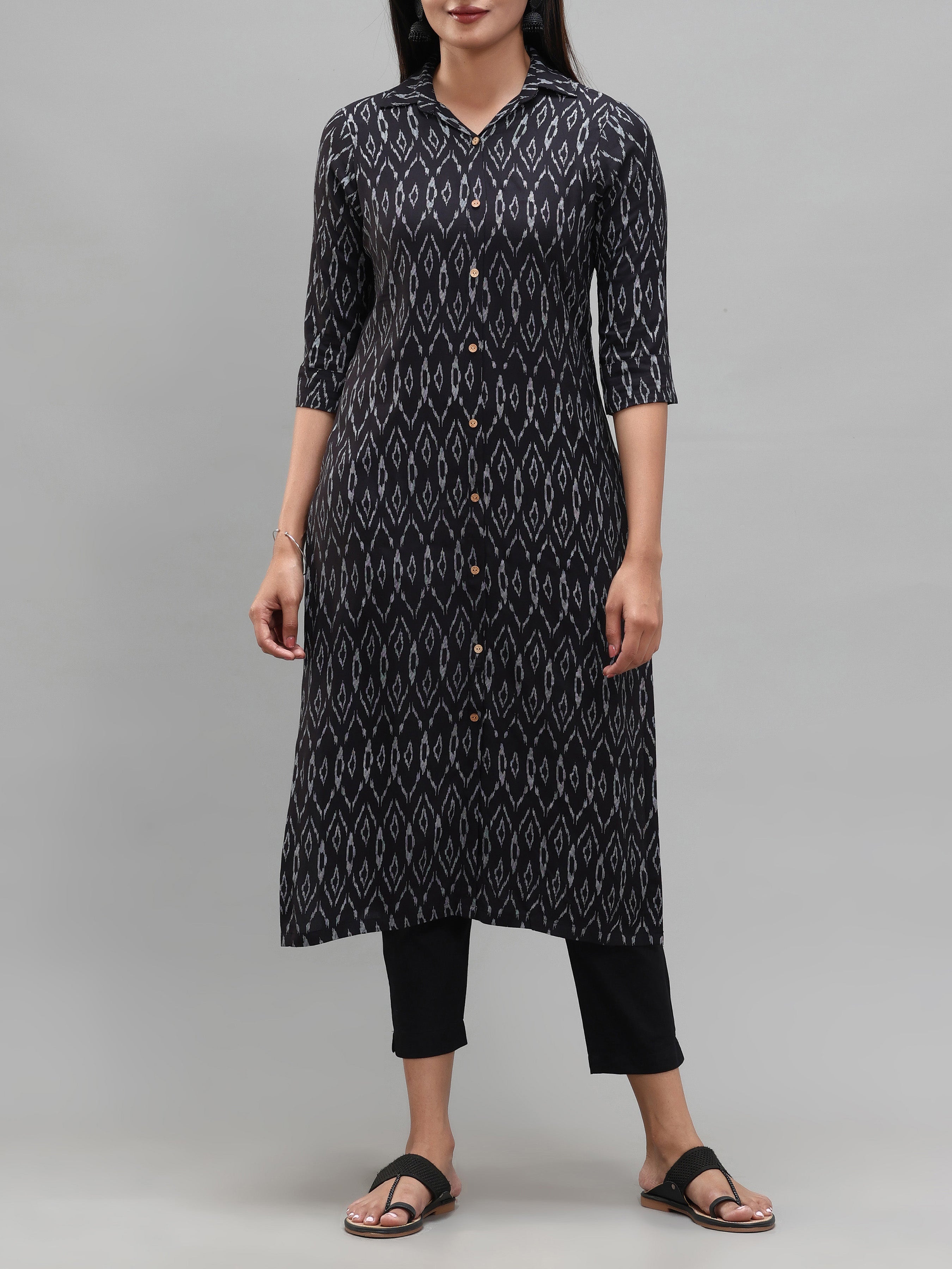 Black Viscose Printed Kurti With Button Placket