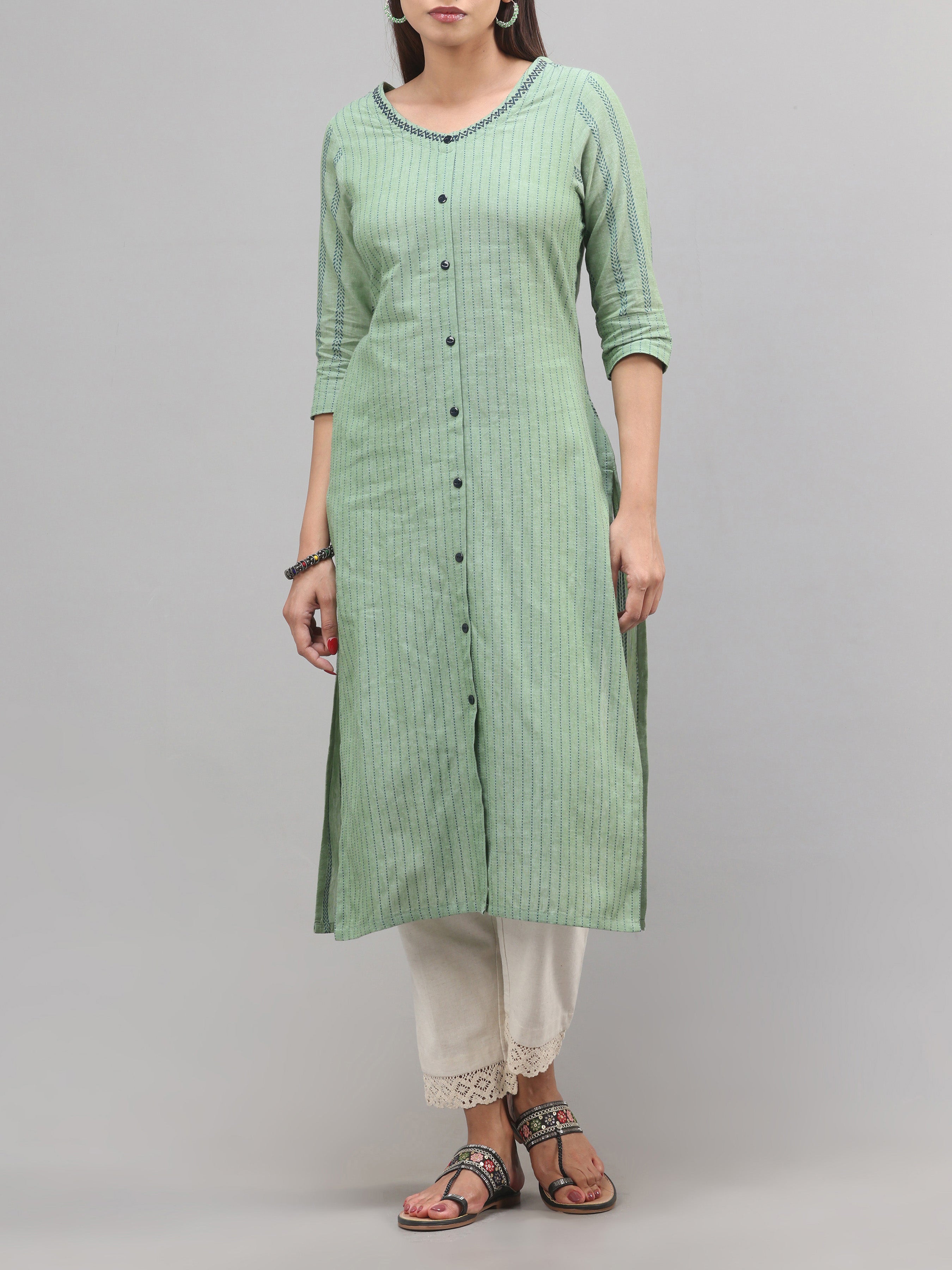 Sage Green Cotton Dobby Kurti With Embroidery