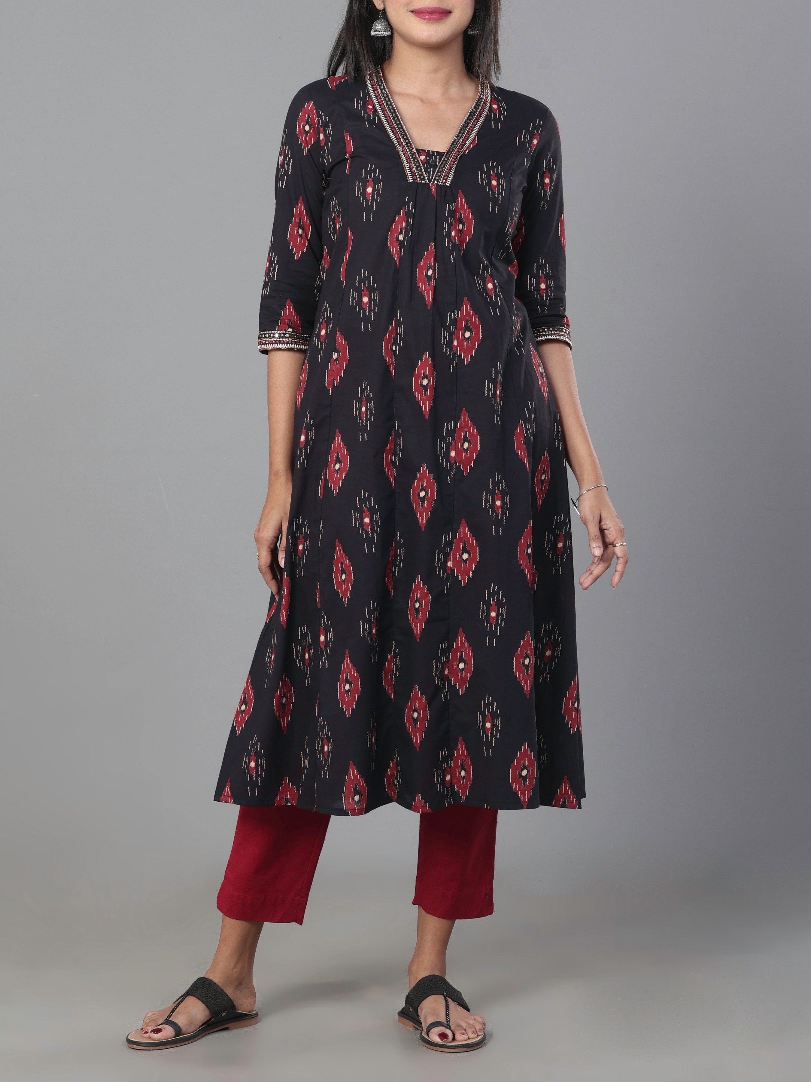 Black Pure Cotton Printed Kurti With Embroidery