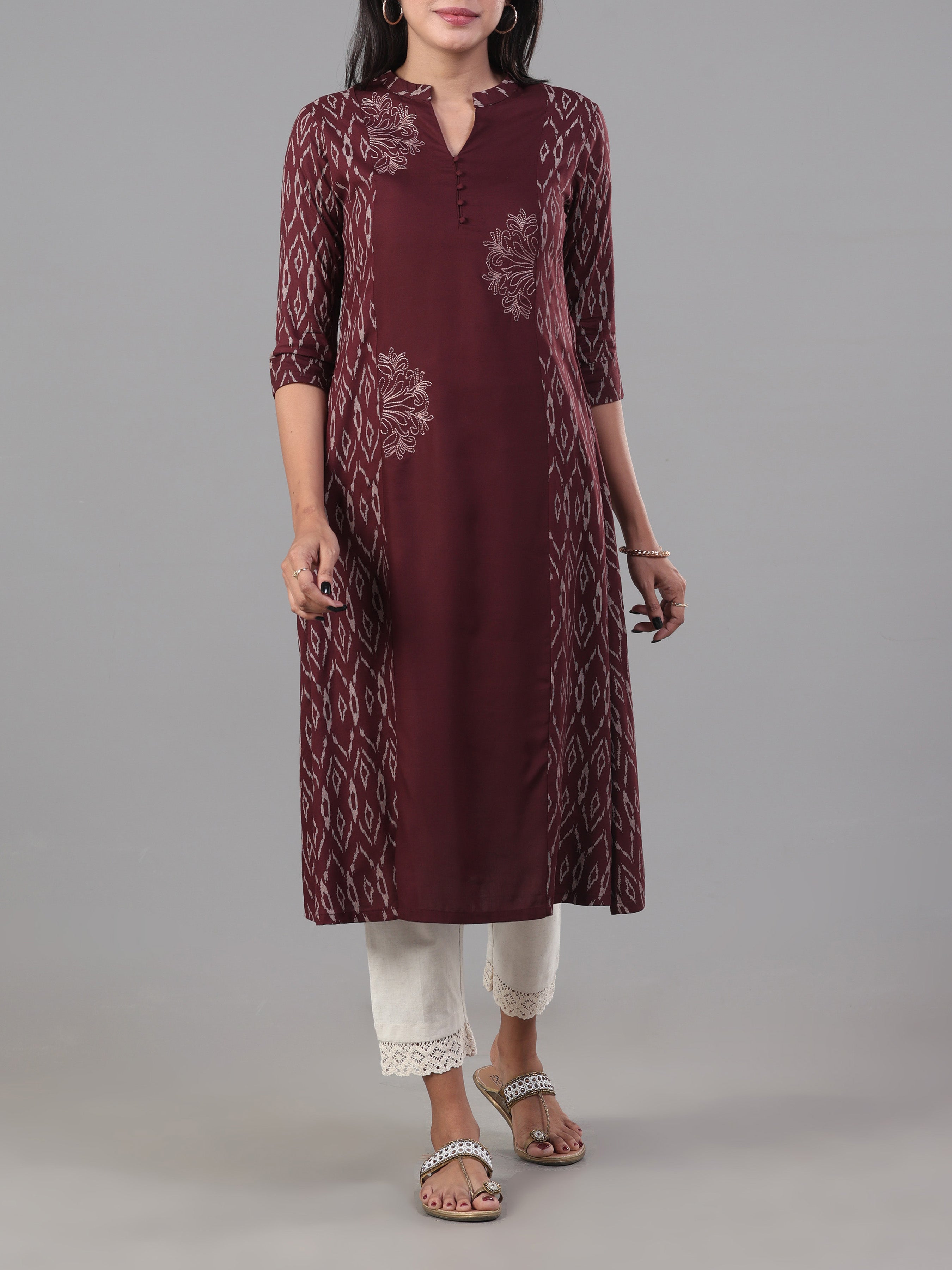 Coffee Brown Viscose Printed Kurti With Embroidery