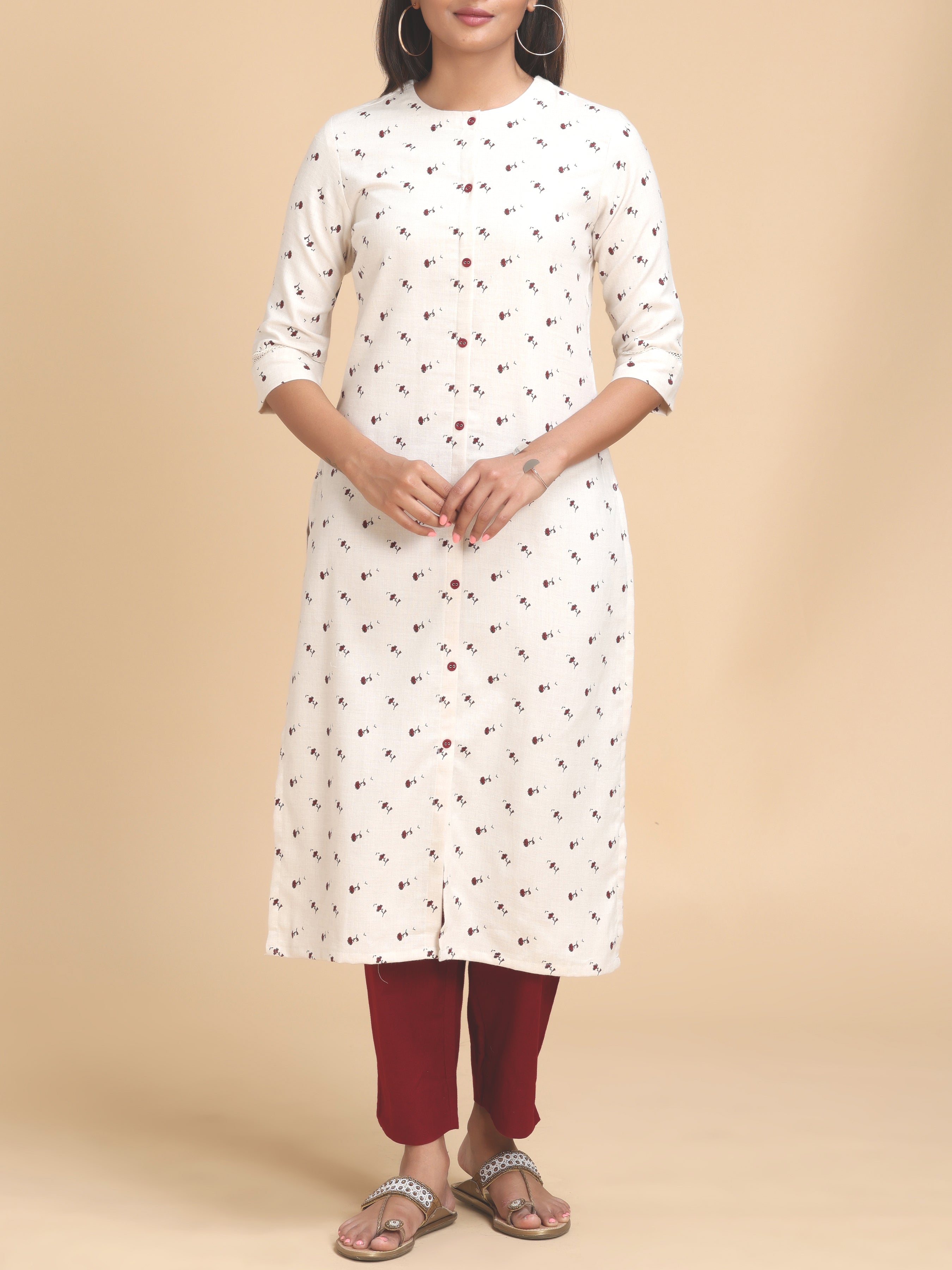 Ivory Double Cotton Kurti With Floral Print
