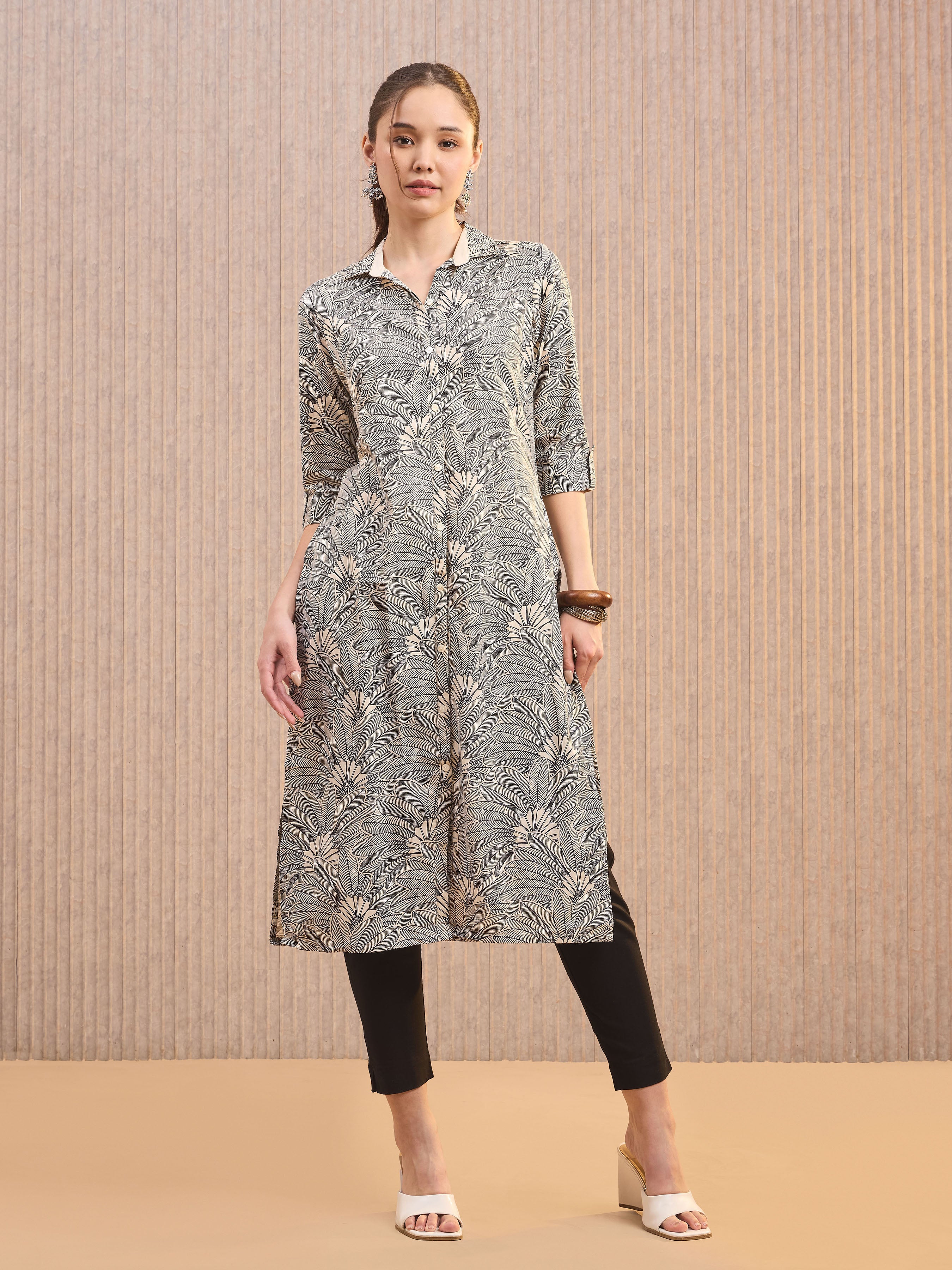 Ivory Cotton Flax Printed Kurti With Sequins Embroidery