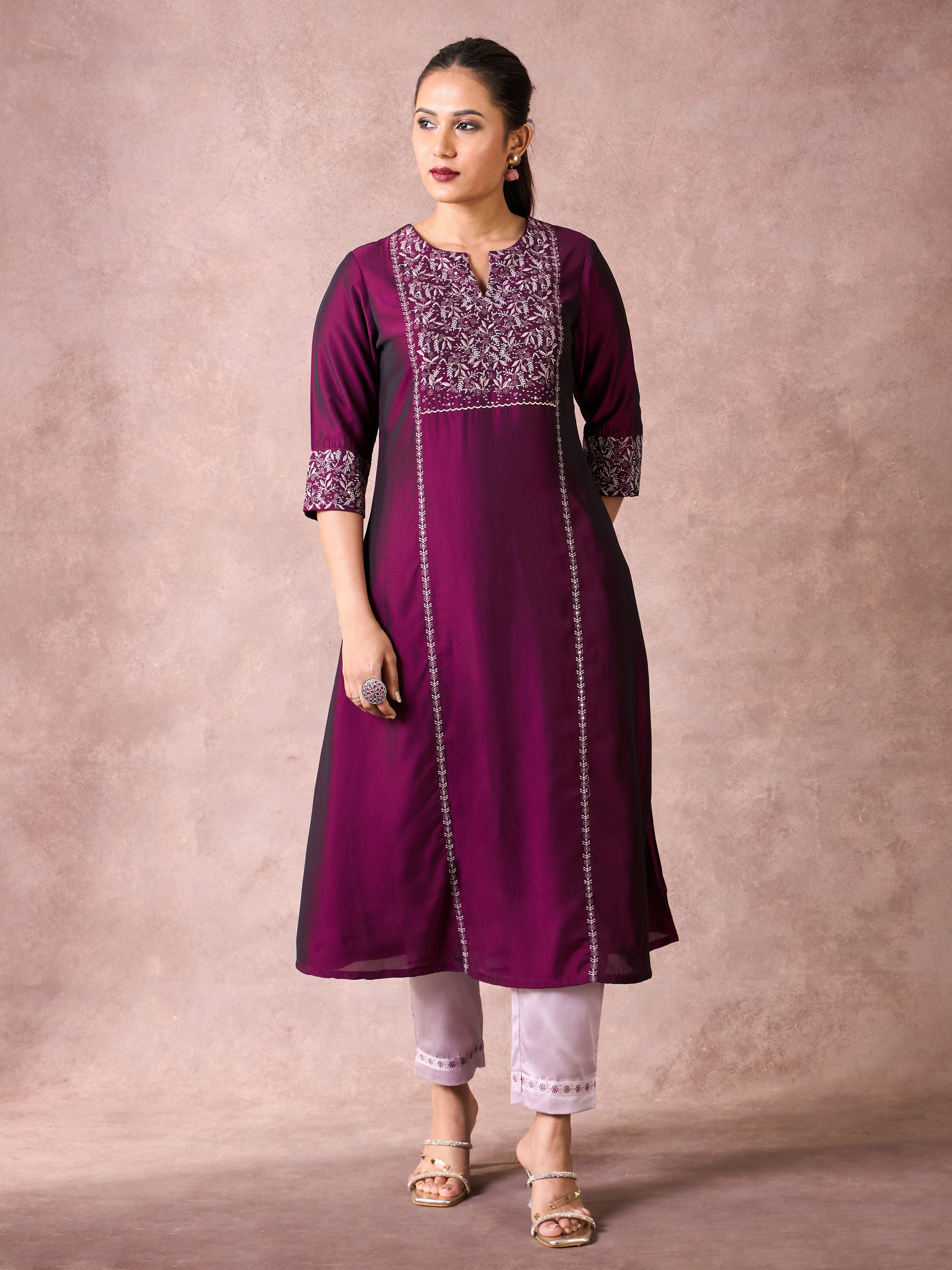 Magenta Viscose Plain Kurti & Bottom With Sequins Embrodiery