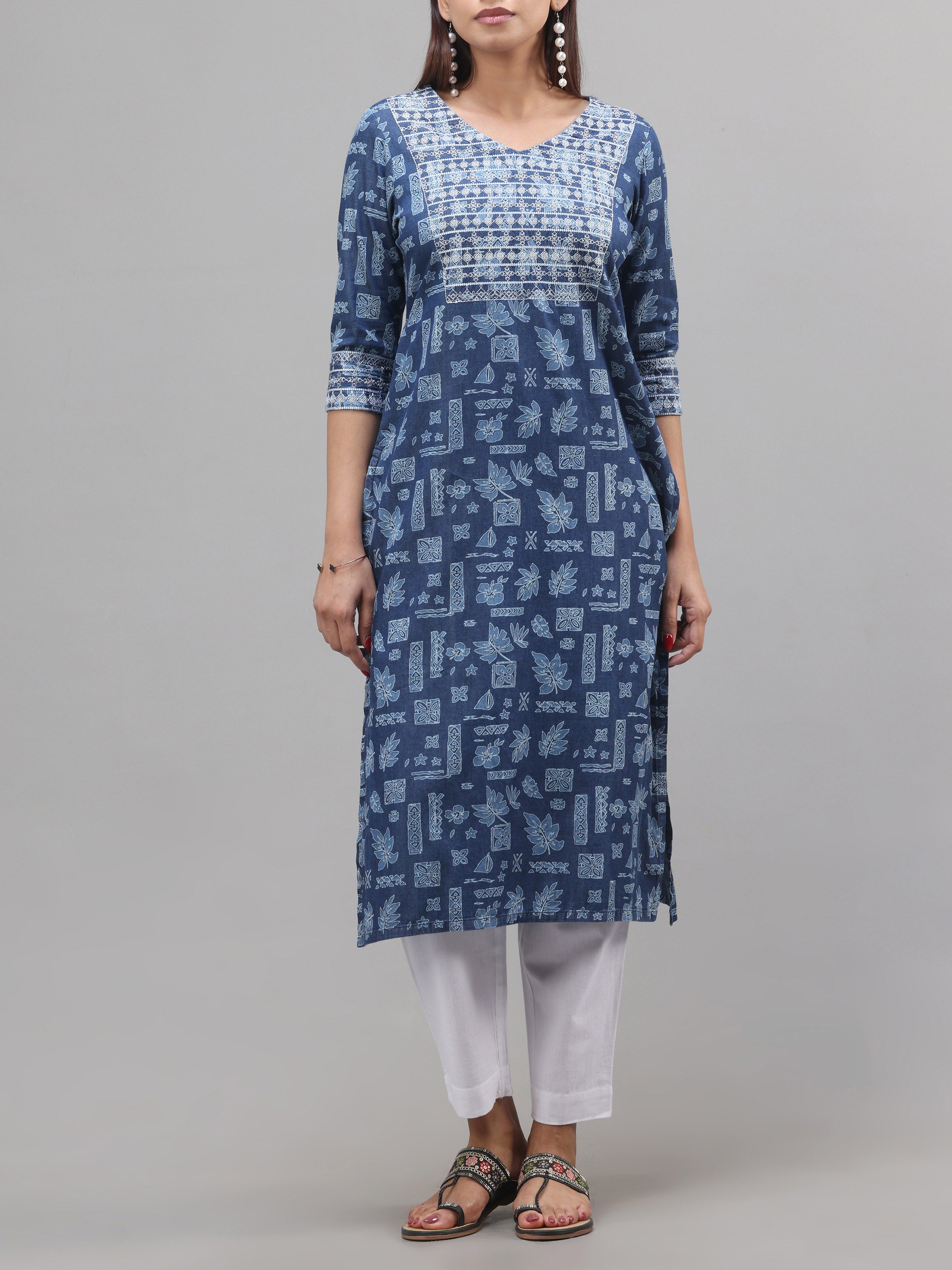 Denim Printed Kurti With Embroidery