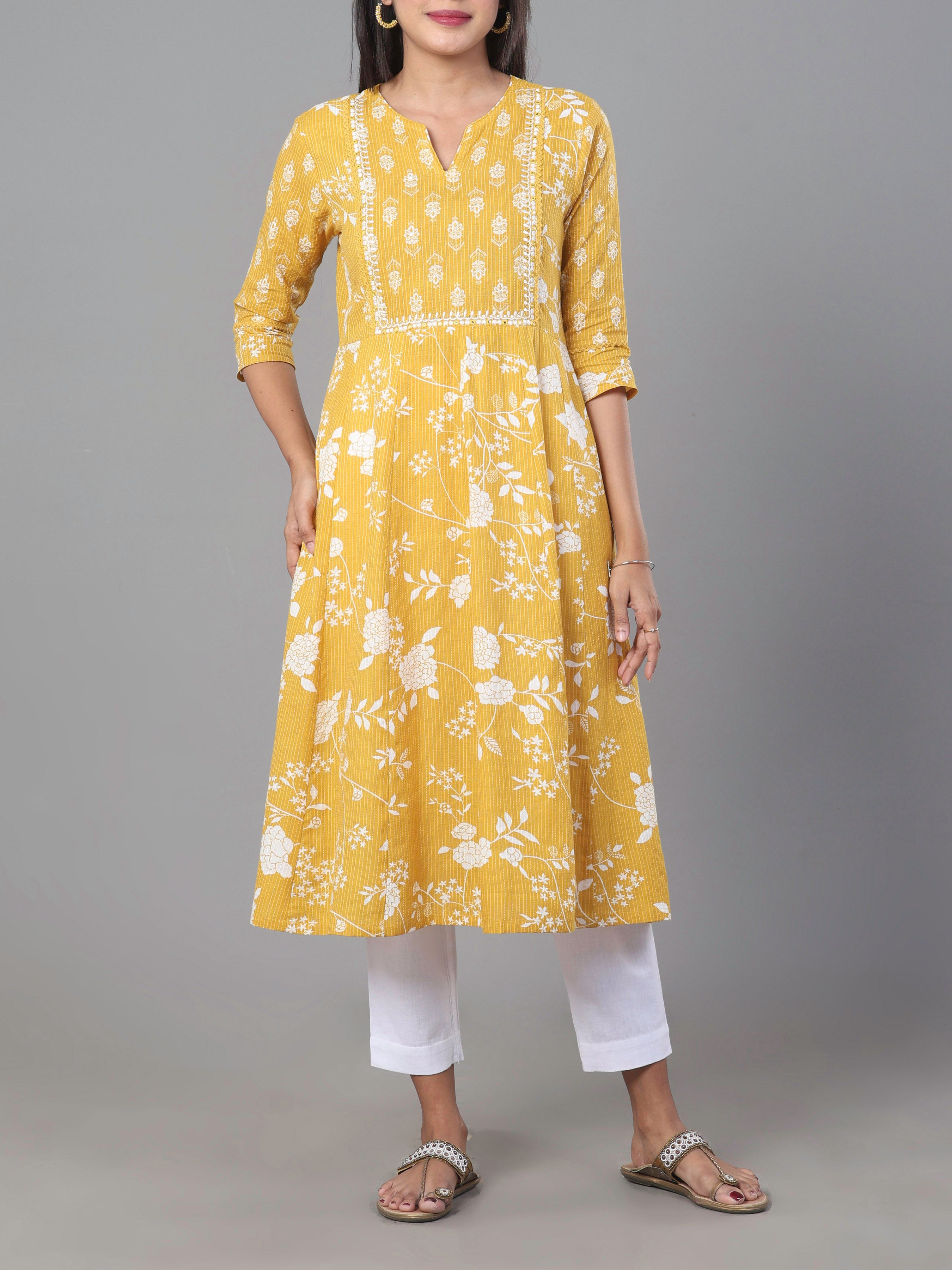 Mustard Yellow Pure Cotton Kurti With Embroidery