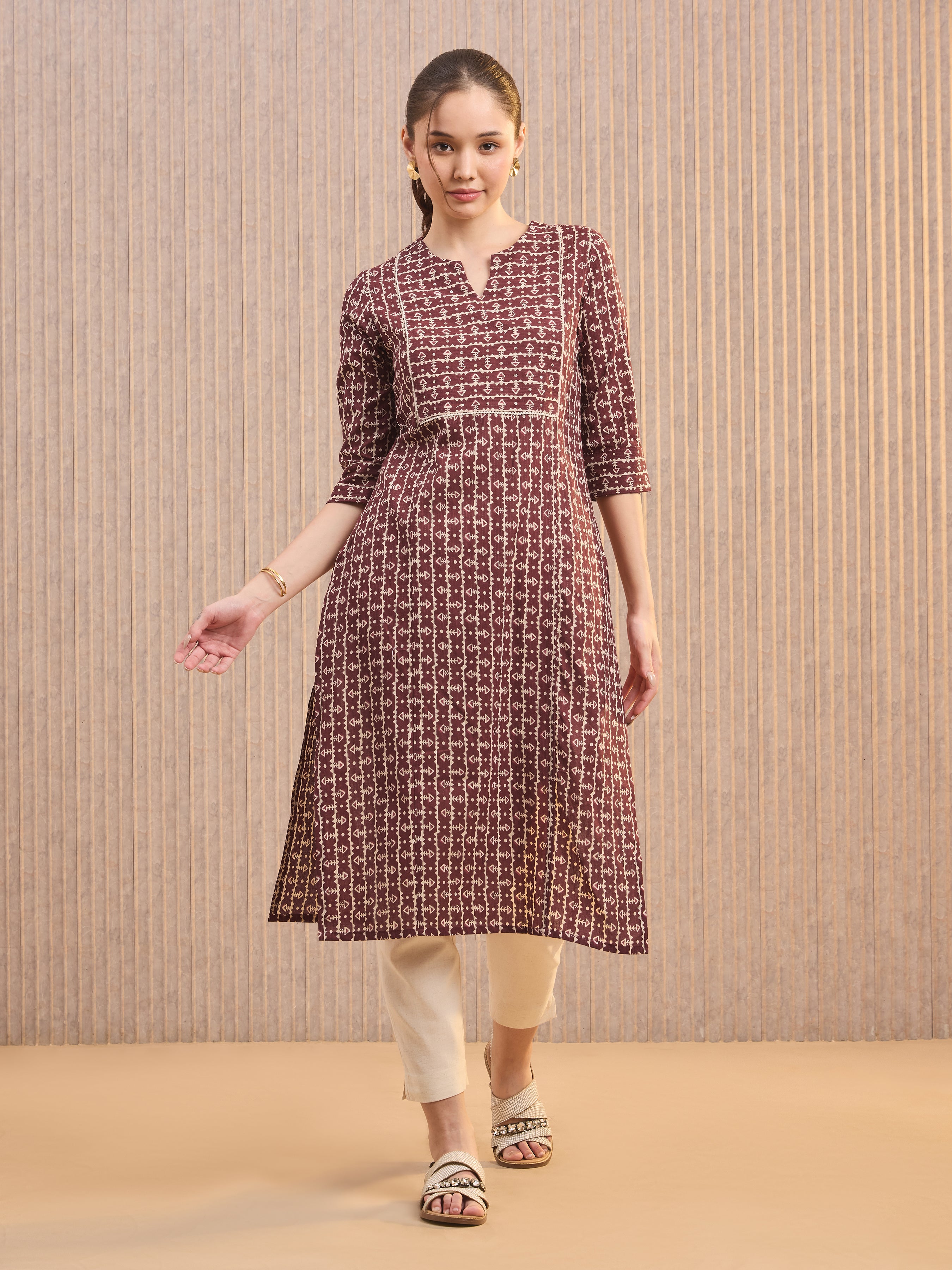 Maroon Pure Cotton Printed Kurti With Lace&Sequins Work