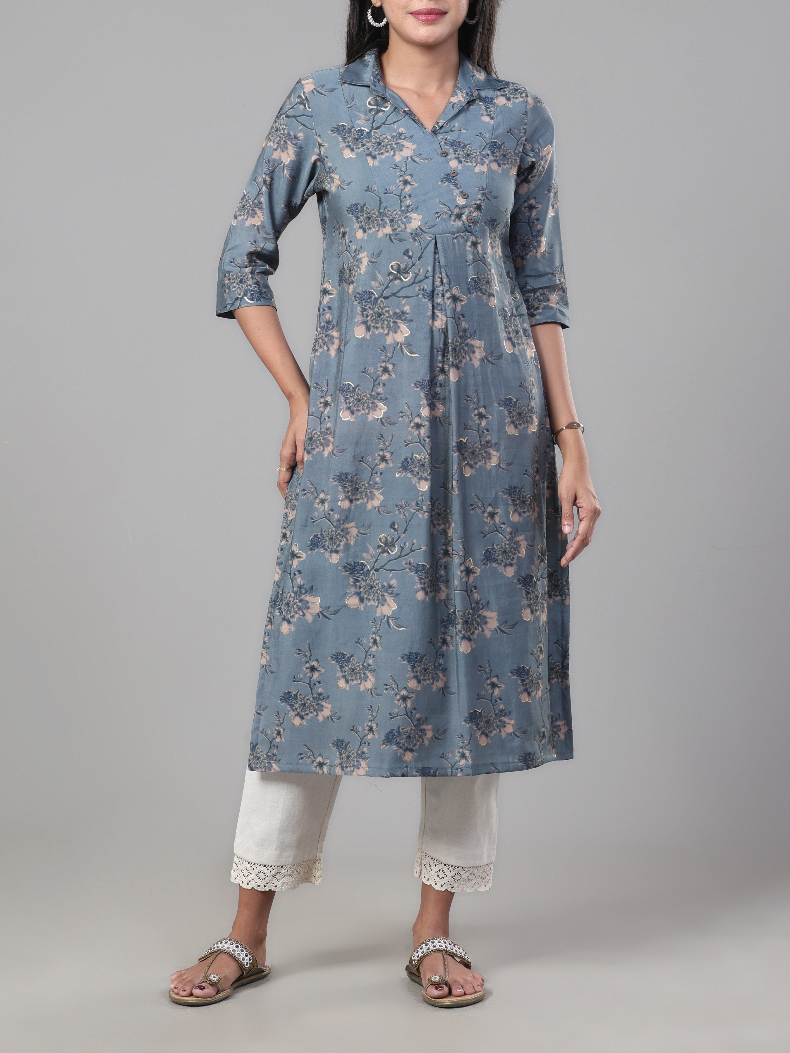 Dark Grey Modal Chanderi Printed Kurti