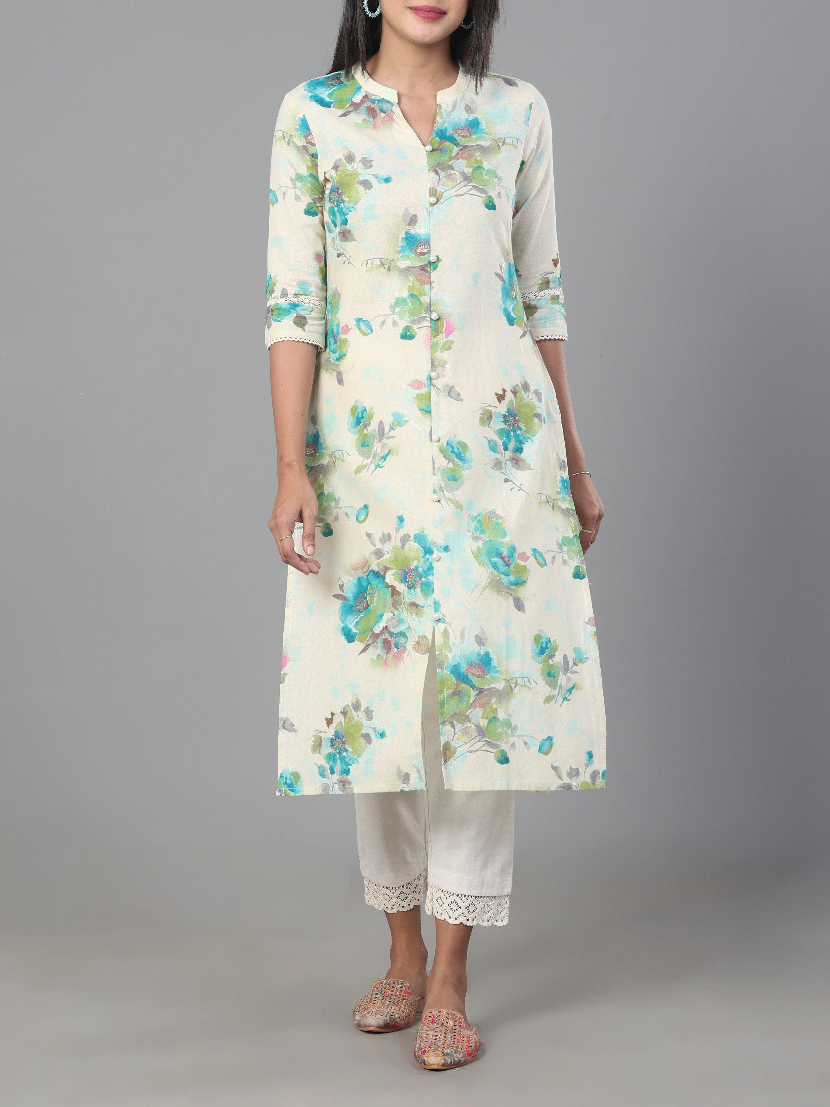 Ivory Cotton Linen Printed Kurti With Lace Detailing