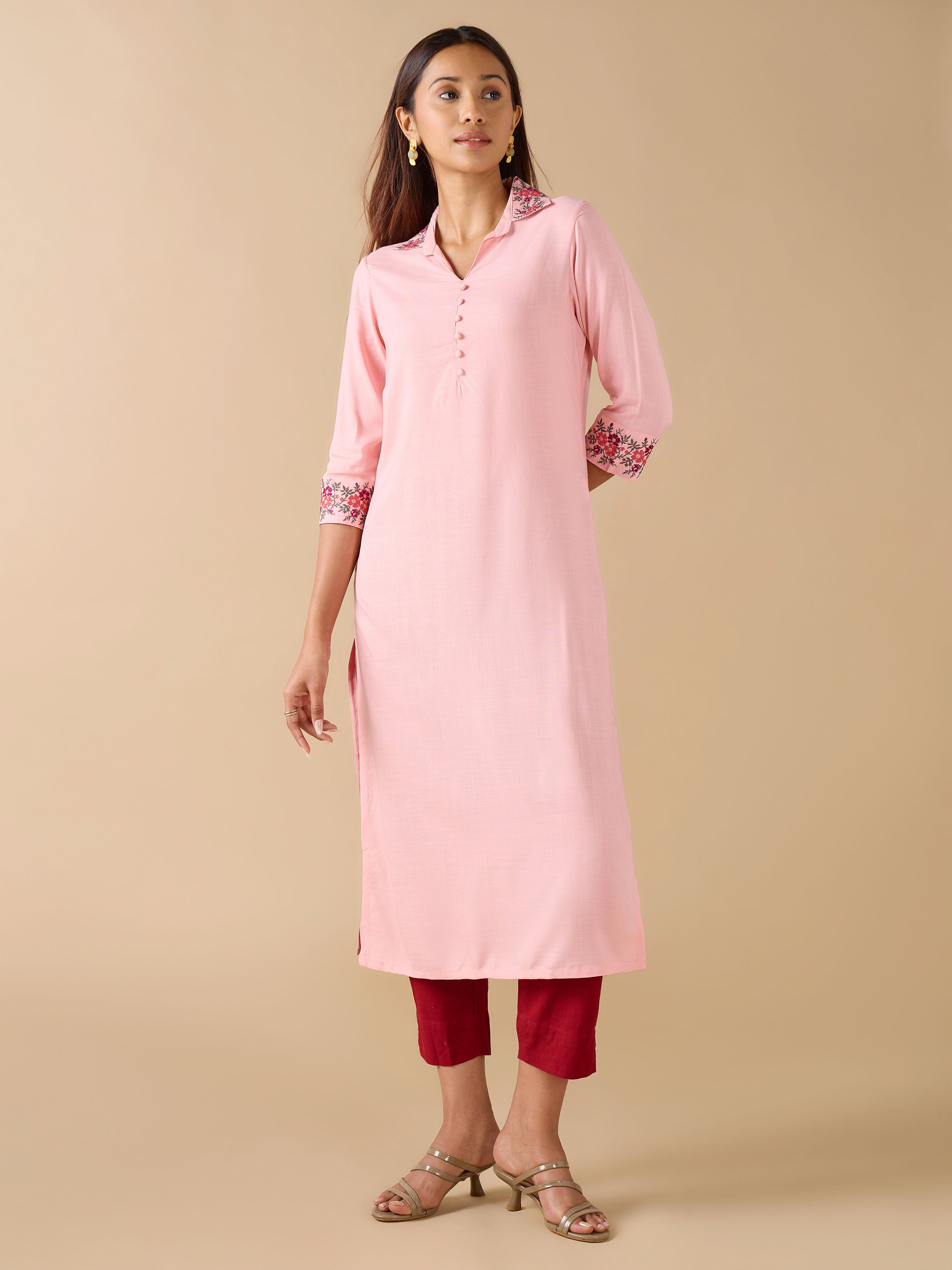 Baby Pink Viscose Slub Kurti With Cross Stitch Embroidery