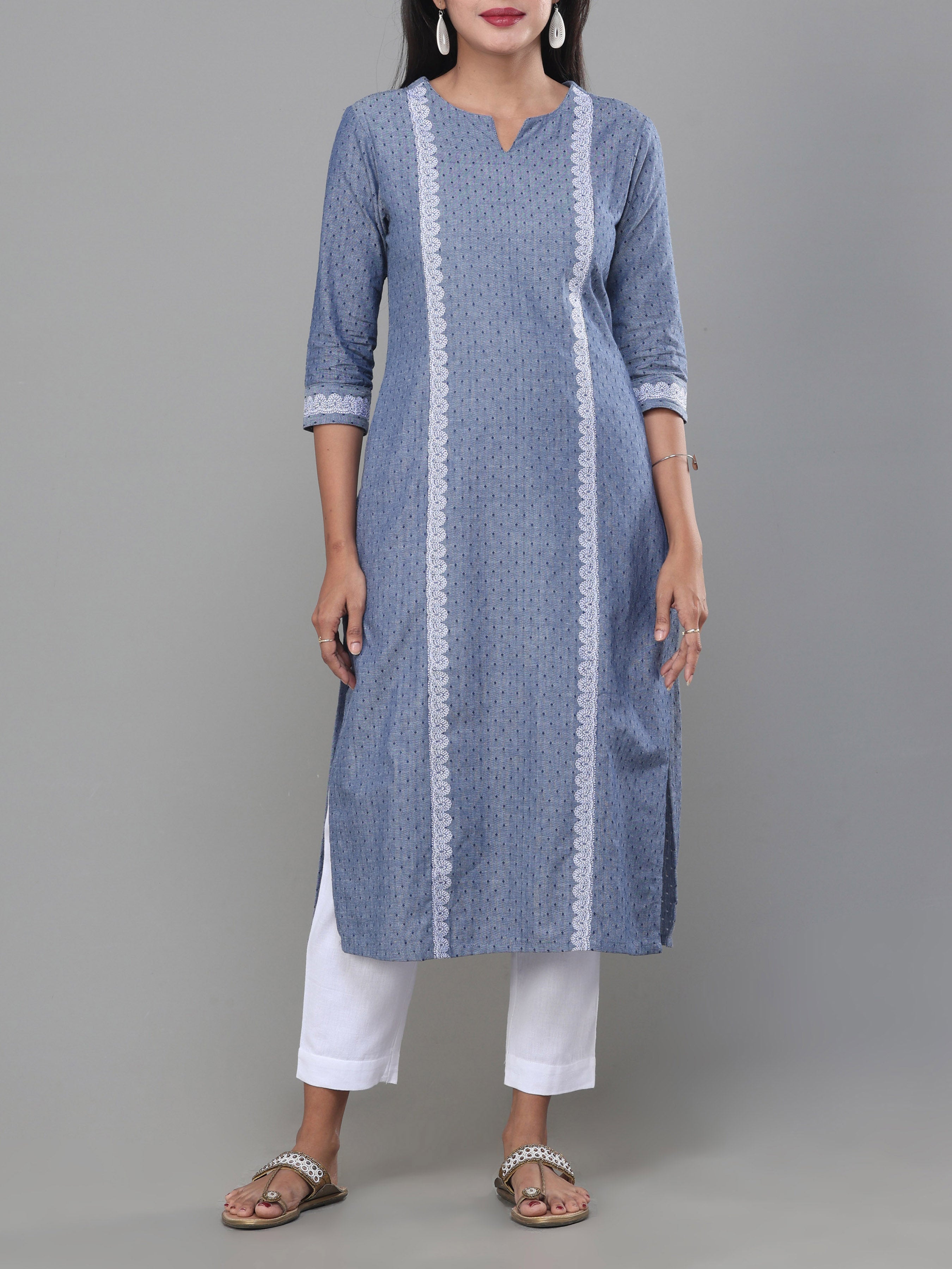 Denimblue Cotton Dobby Kurti With Embroidery