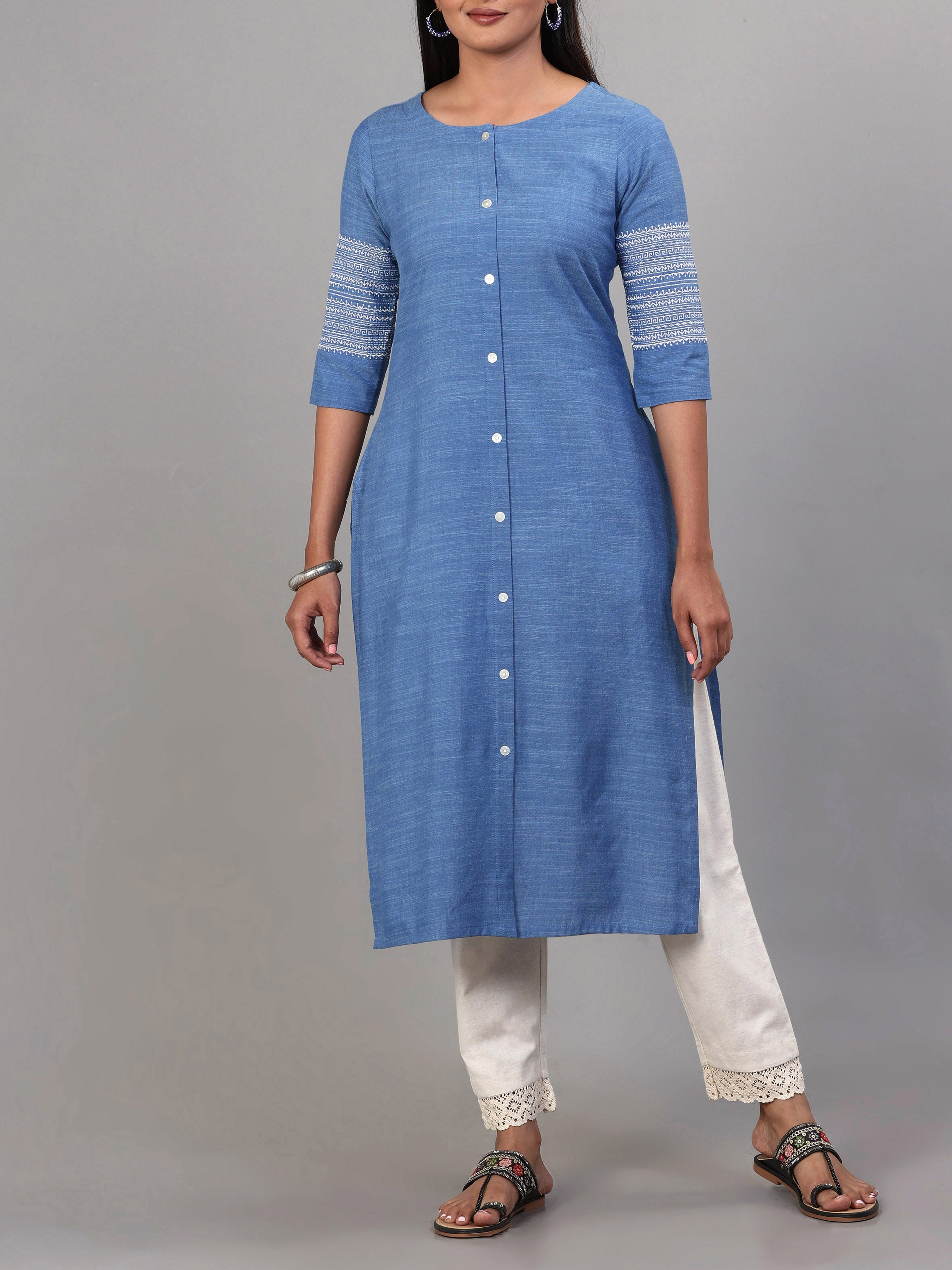 Light Blue Viscose Cotton Kurti With Embroidery