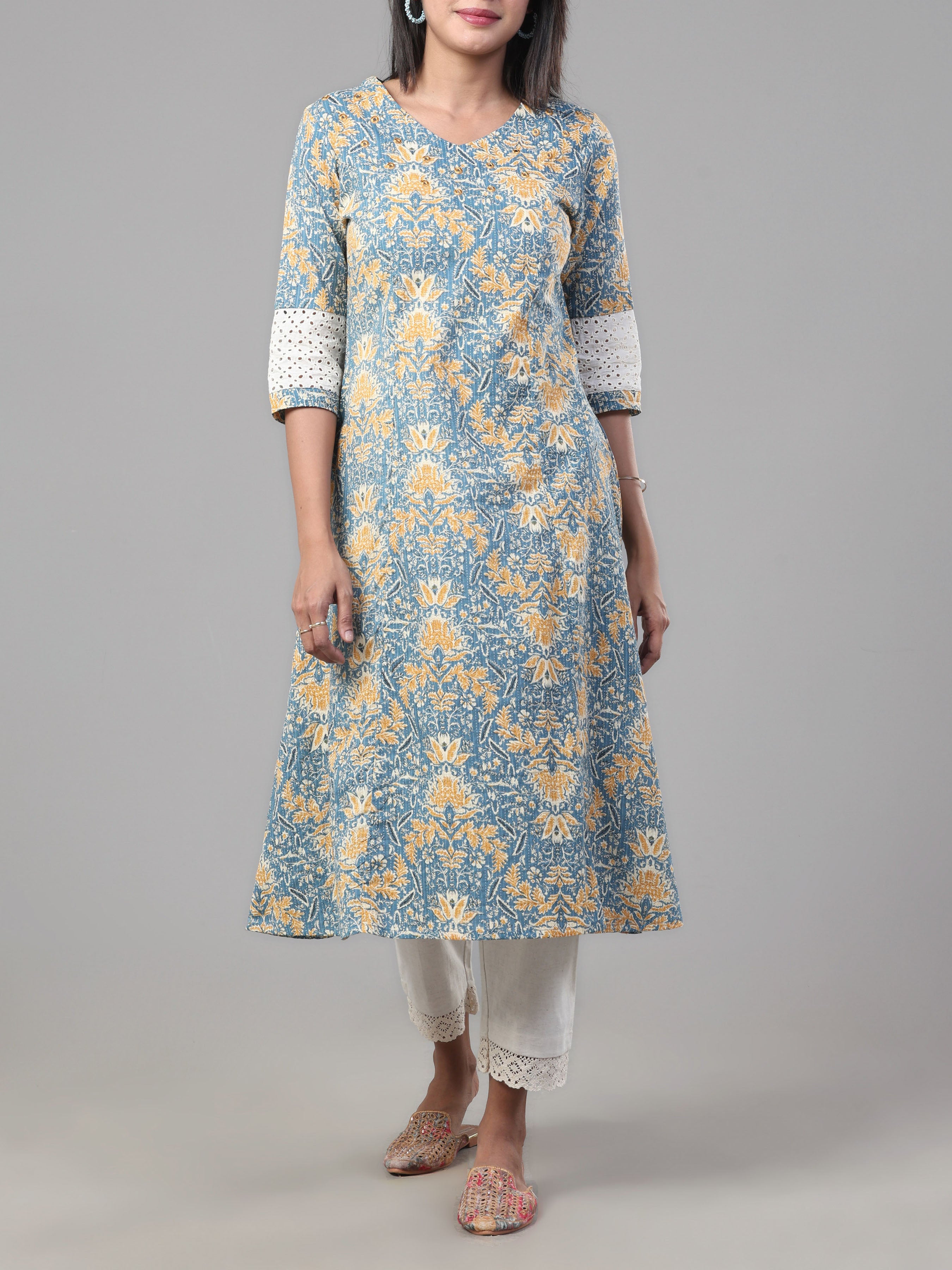 Light Blue Pure Cotton Printed Kurti With Mirror Work