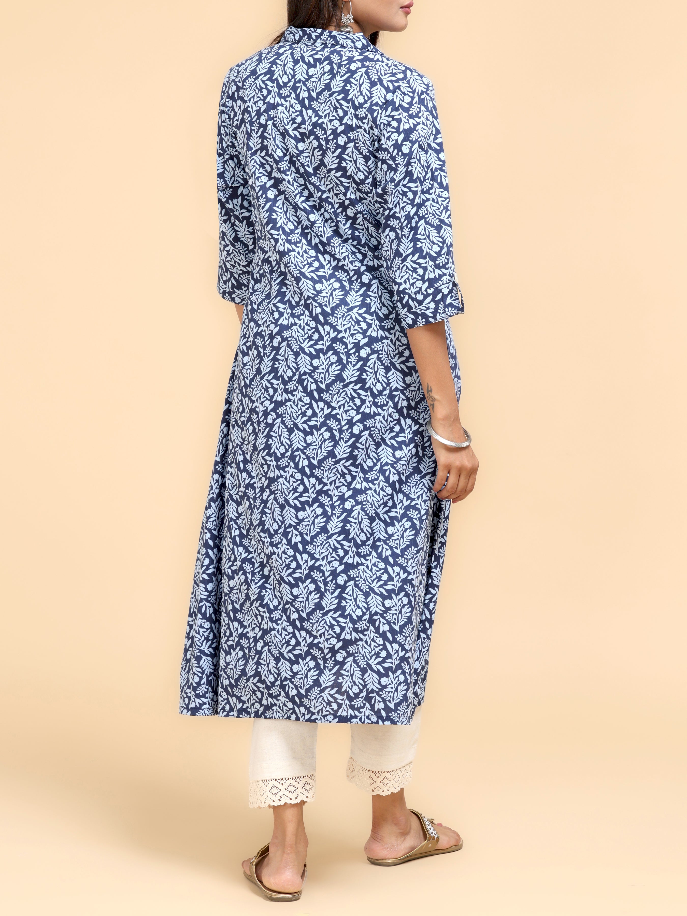 Navy Blue Cotton Viscose Kurti With Print