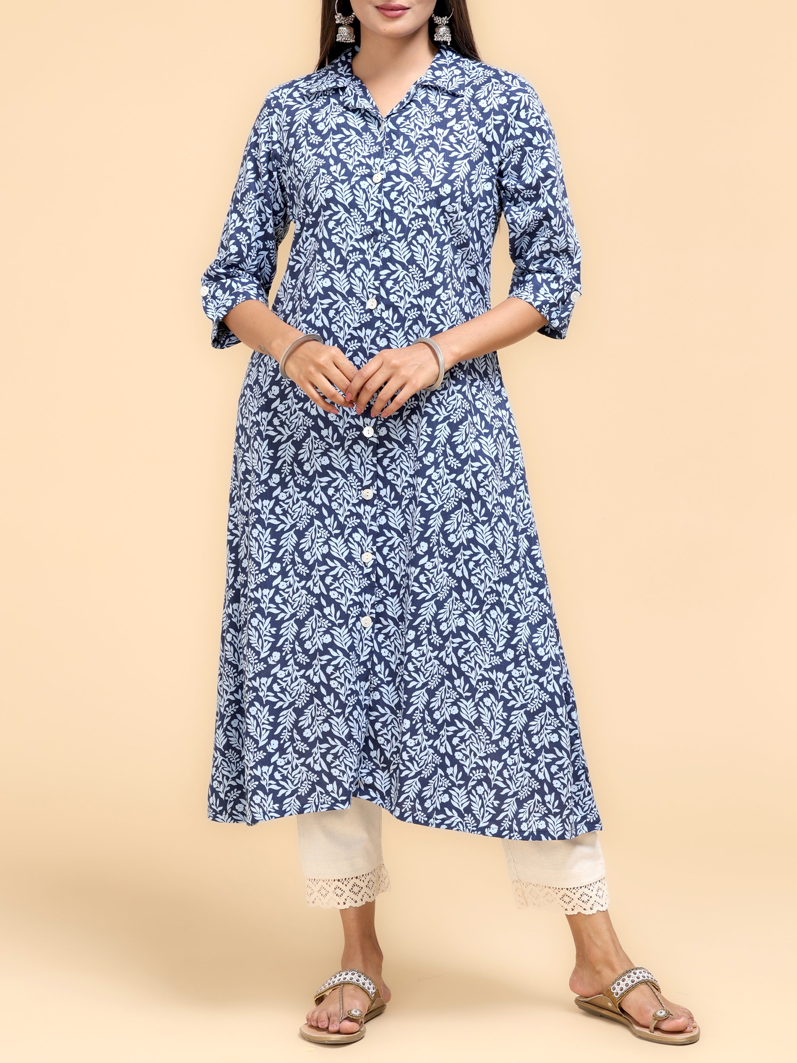 Navy Blue Cotton Viscose Kurti With Print