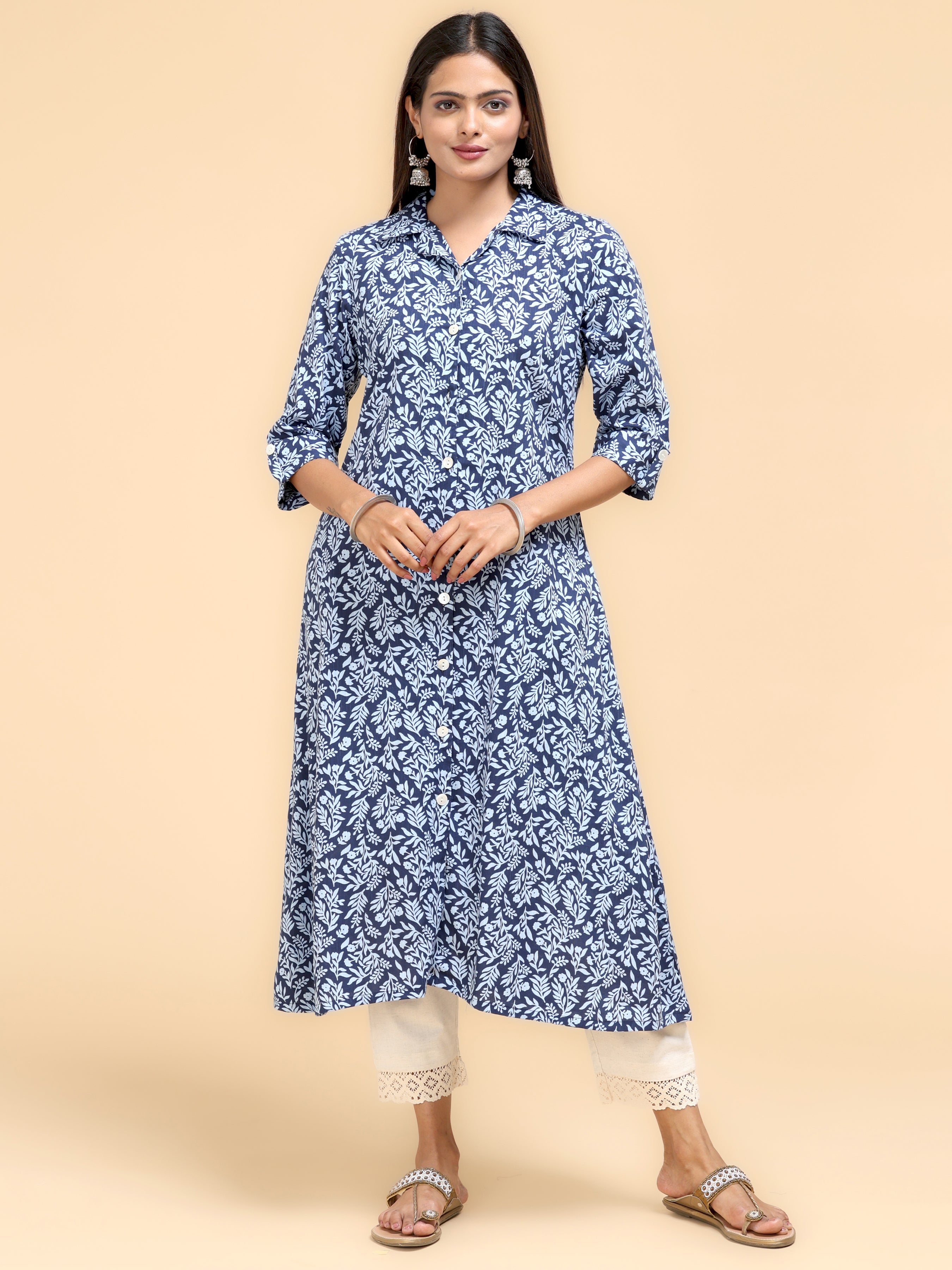Navy Blue Cotton Viscose Kurti With Print