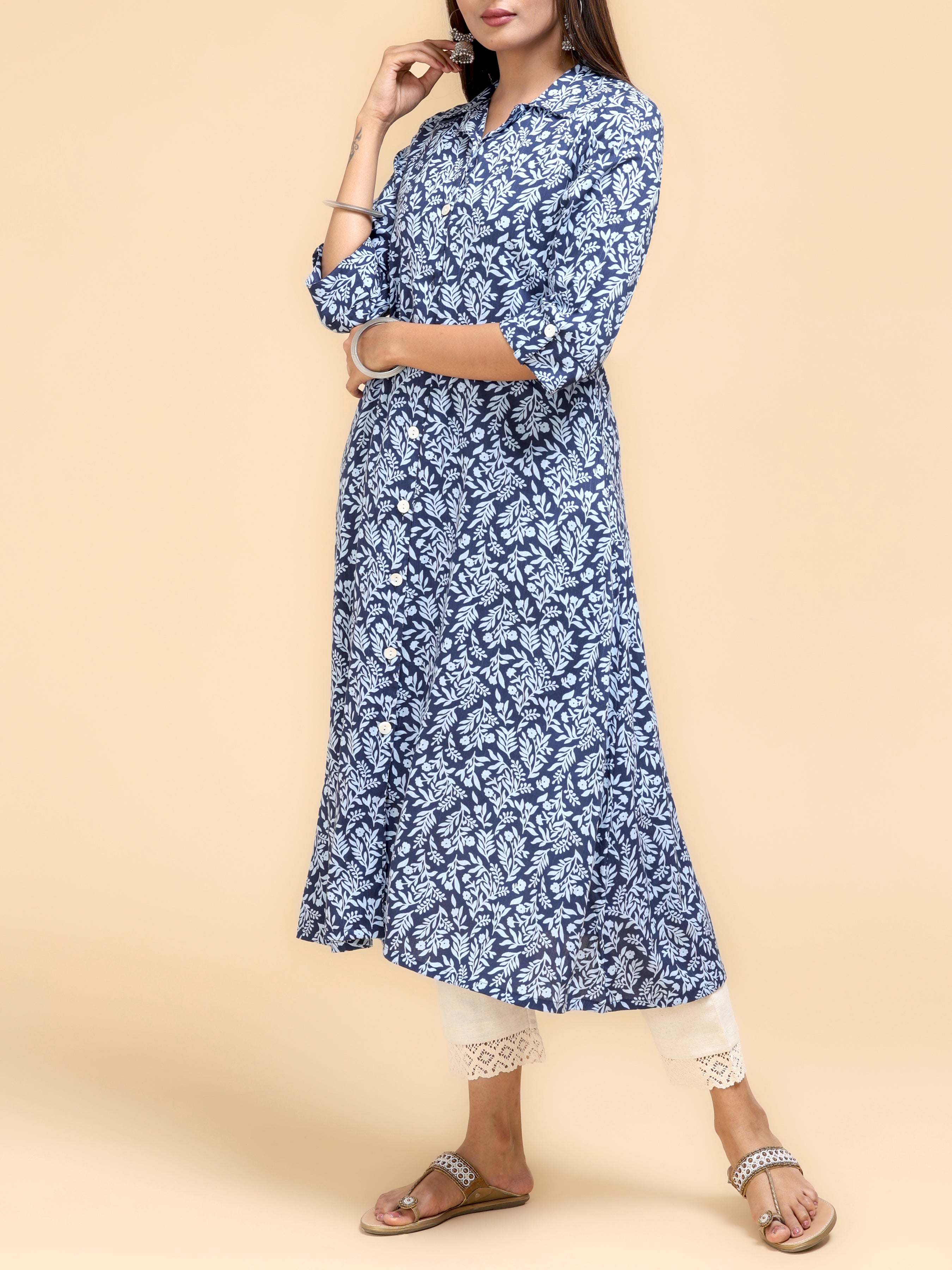 Navy Blue Cotton Viscose Kurti With Print