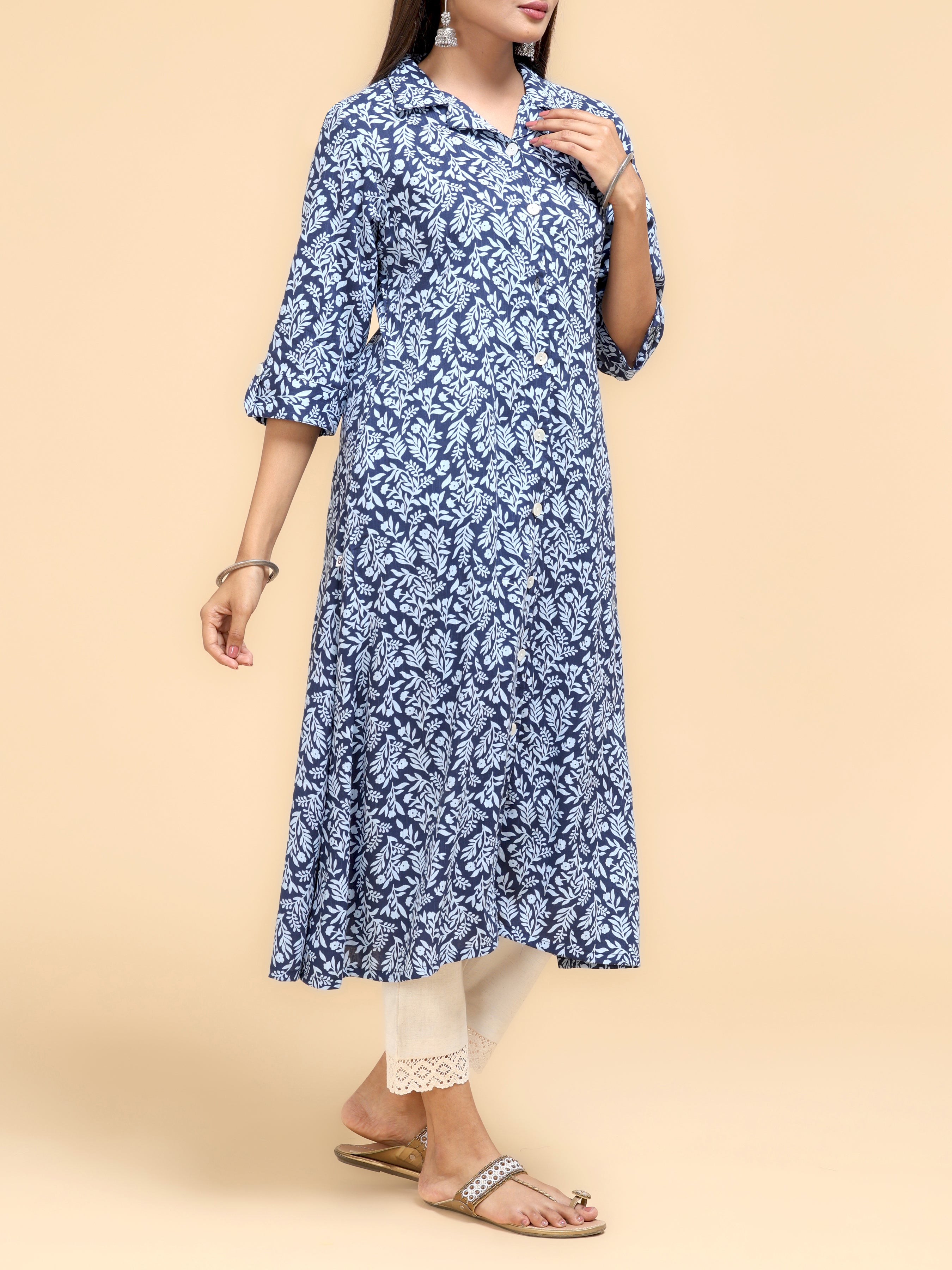 Navy Blue Cotton Viscose Kurti With Print