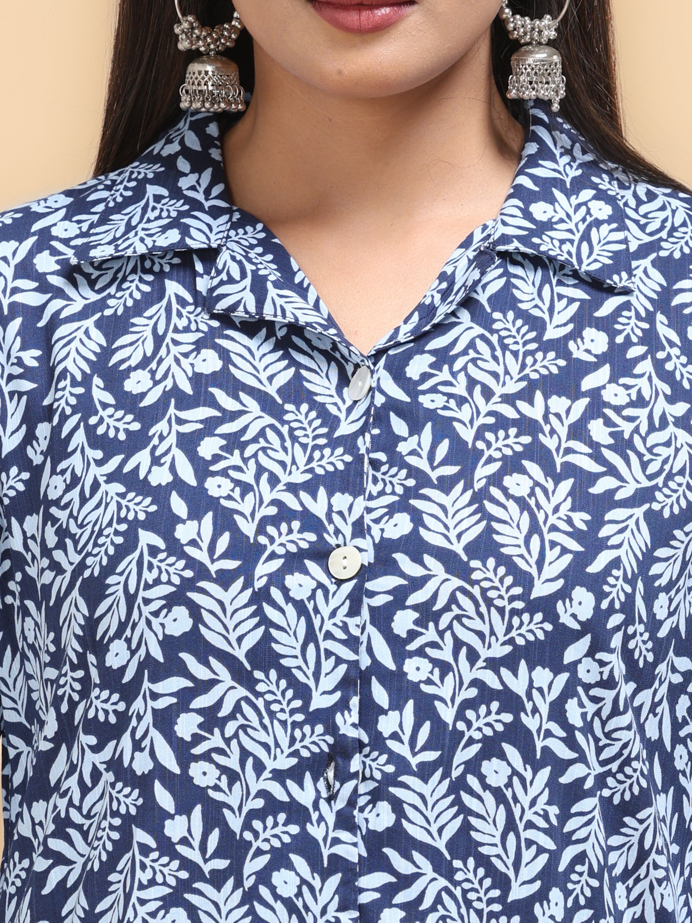 Navy Blue Cotton Viscose Kurti With Print