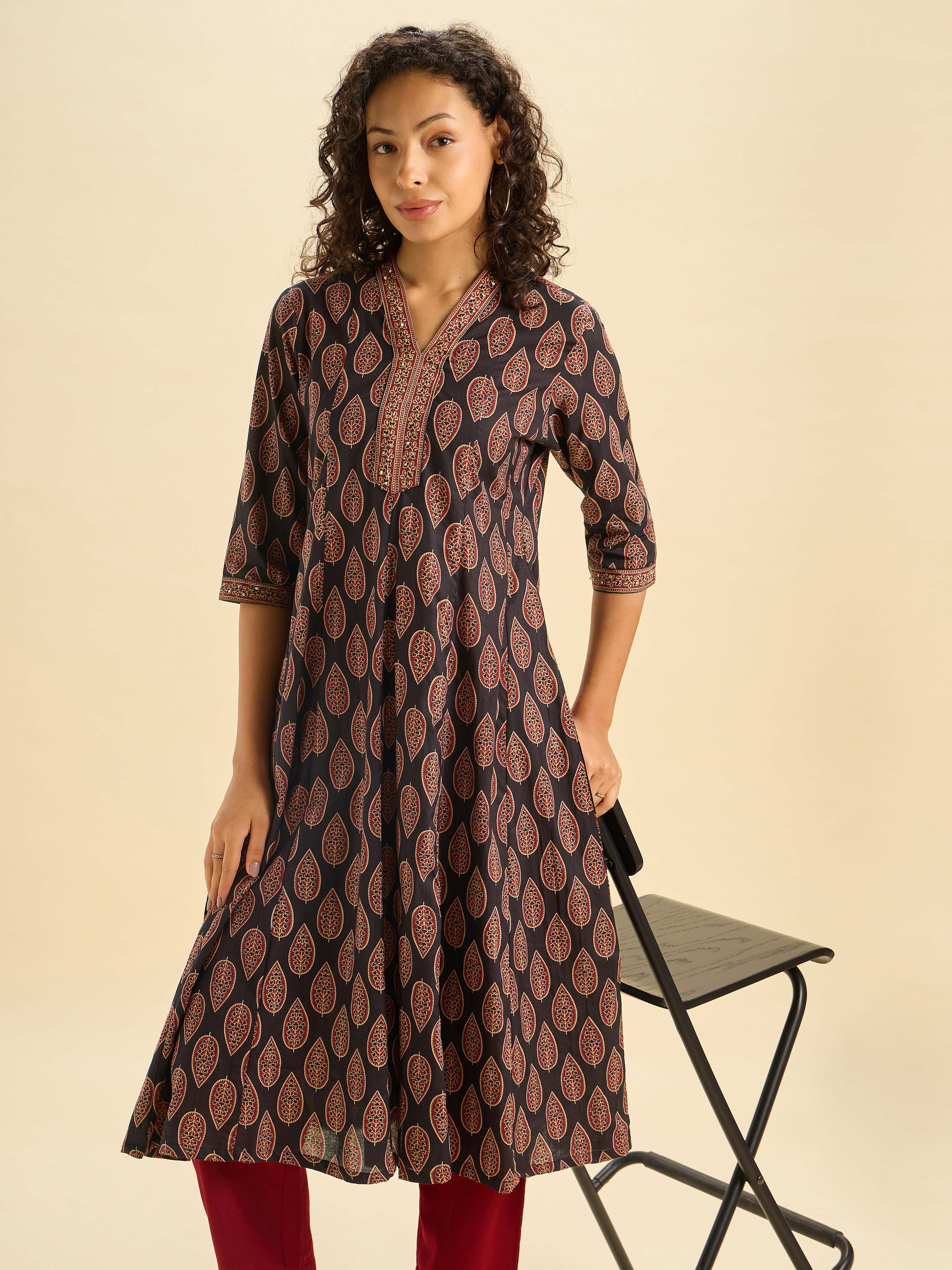 Black Multi Cotton Printed Flared Kalicut Kurthi With Sequins Work