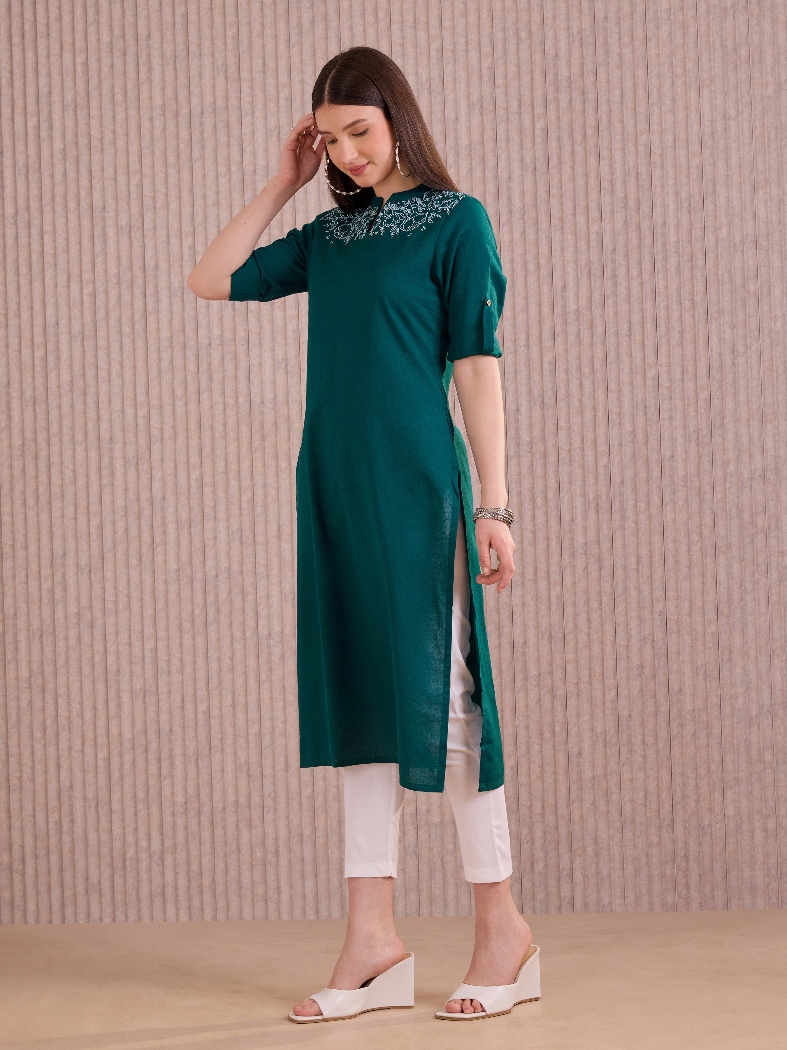 Firosi Blue Cotton Flax Plain Kurti With Embroidery