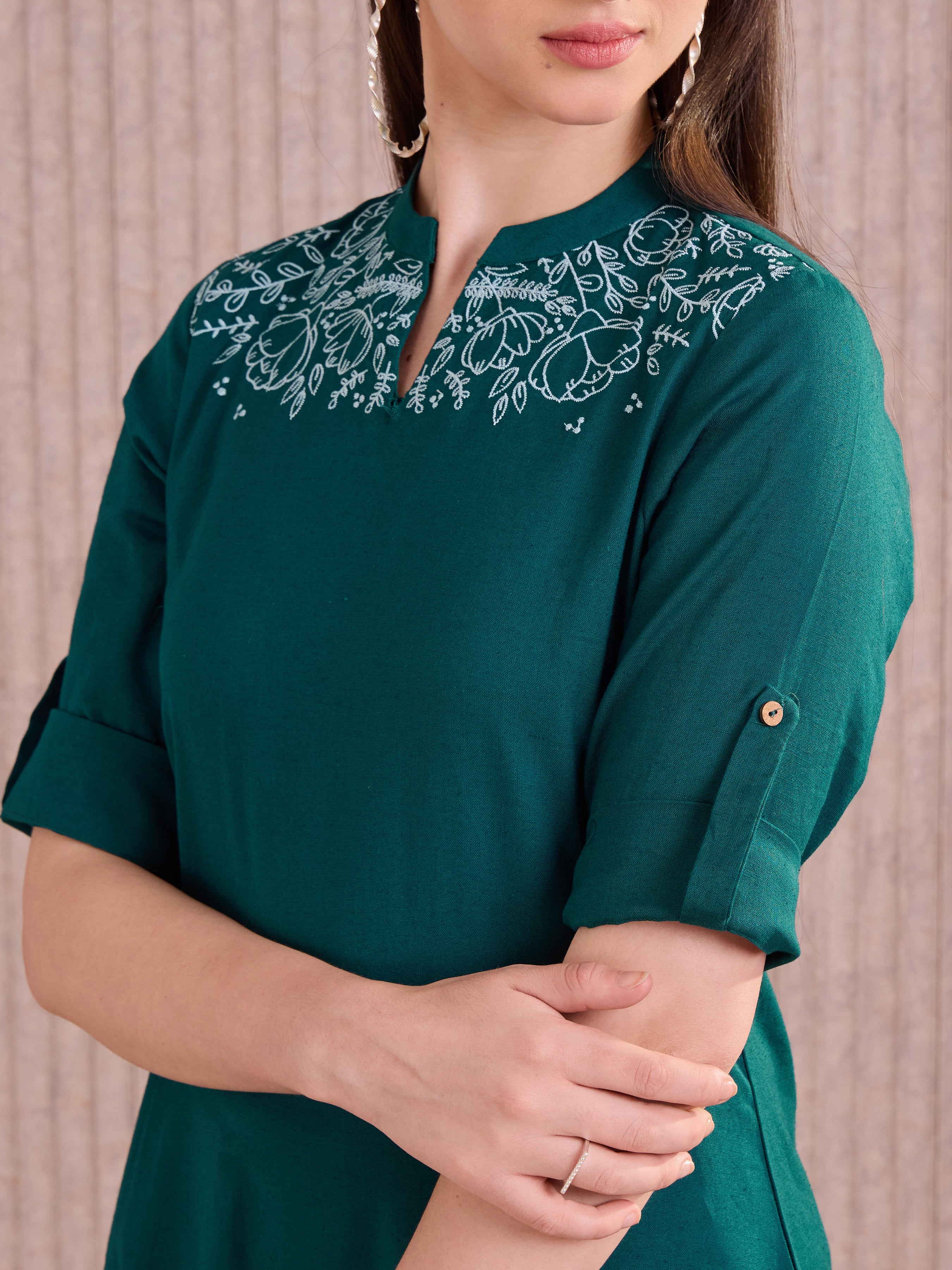 Firosi Blue Cotton Flax Plain Kurti With Embroidery