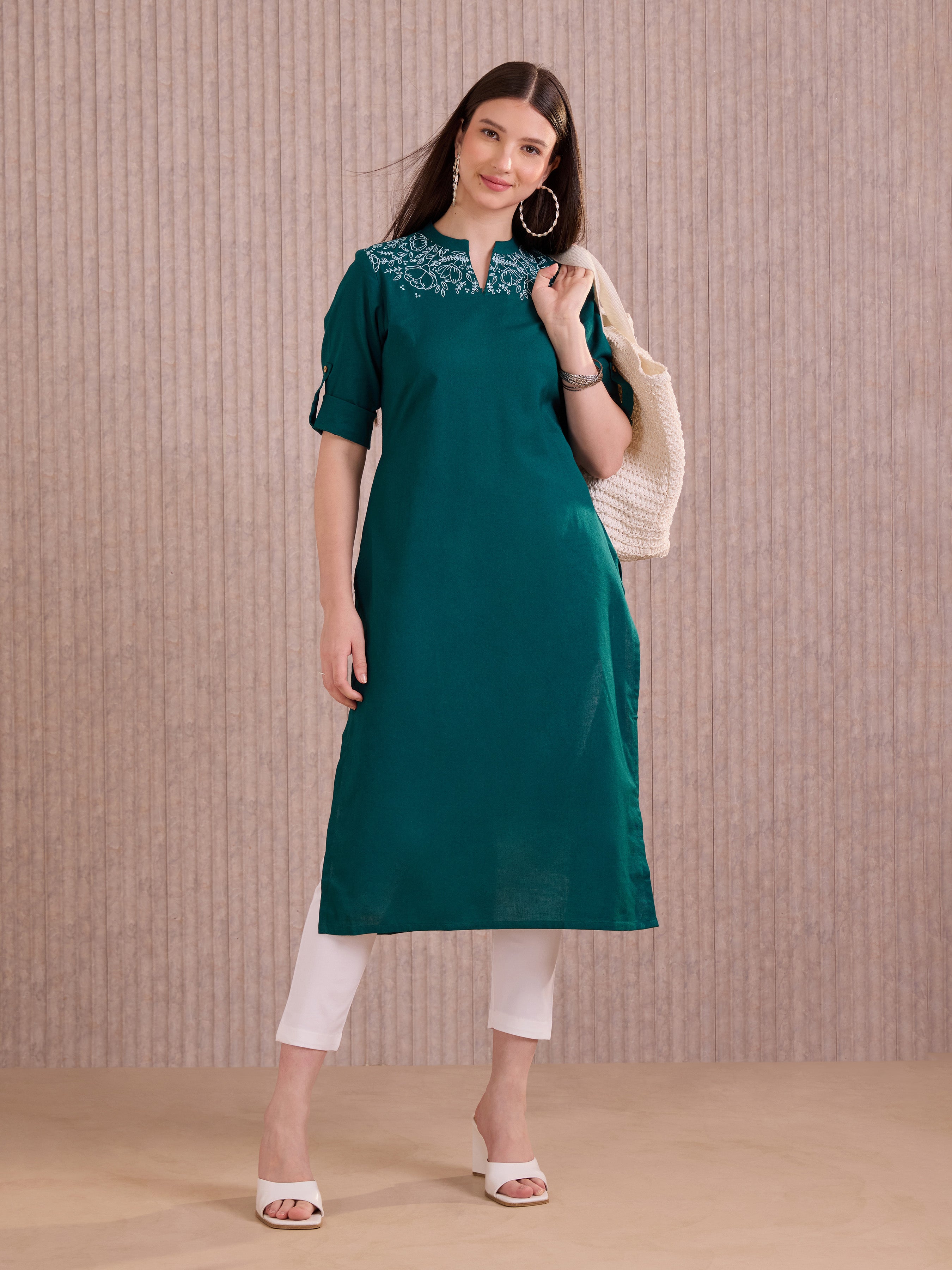 Firosi Blue Cotton Flax Plain Kurti With Embroidery