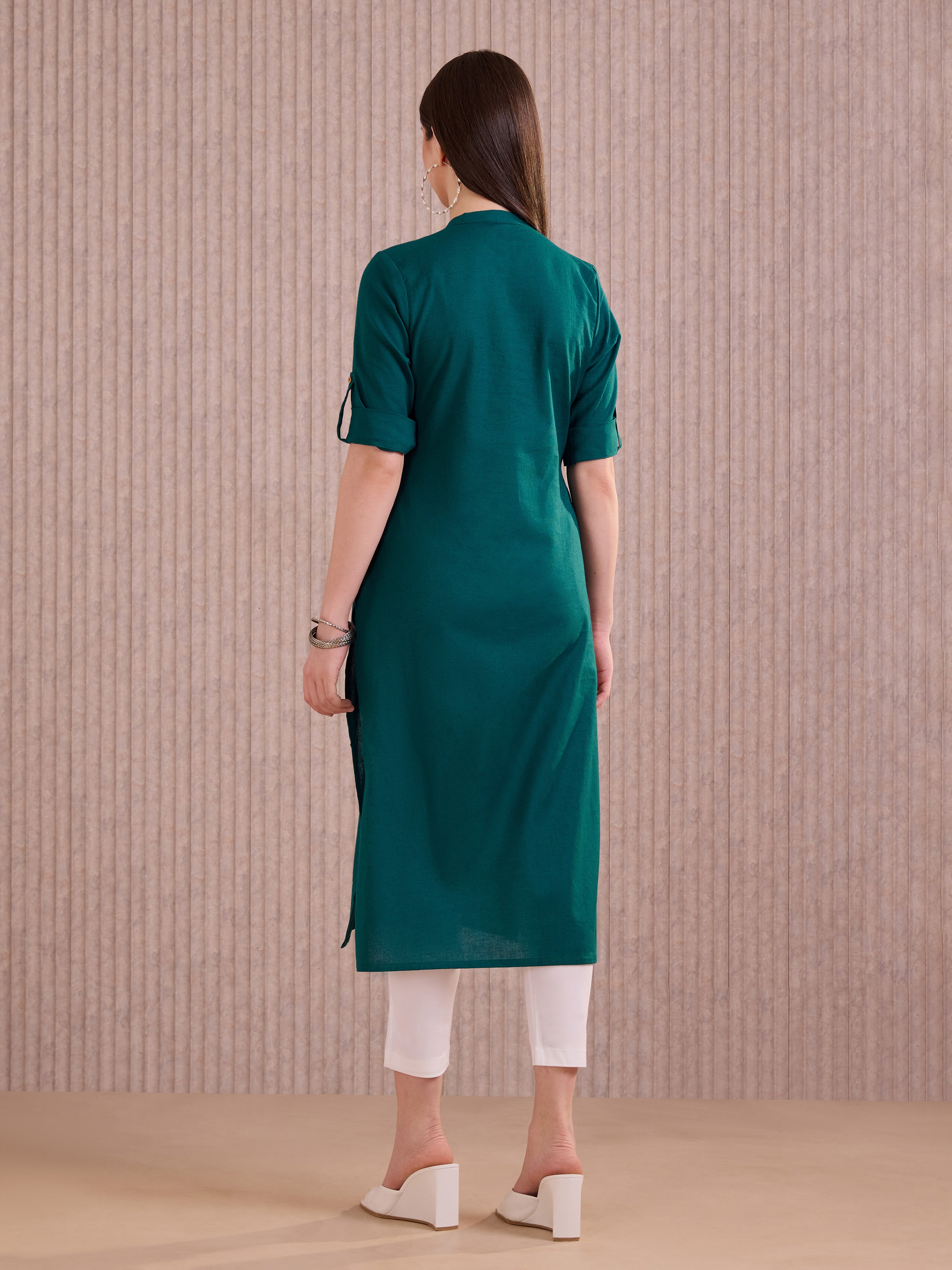 Firosi Blue Cotton Flax Plain Kurti With Embroidery