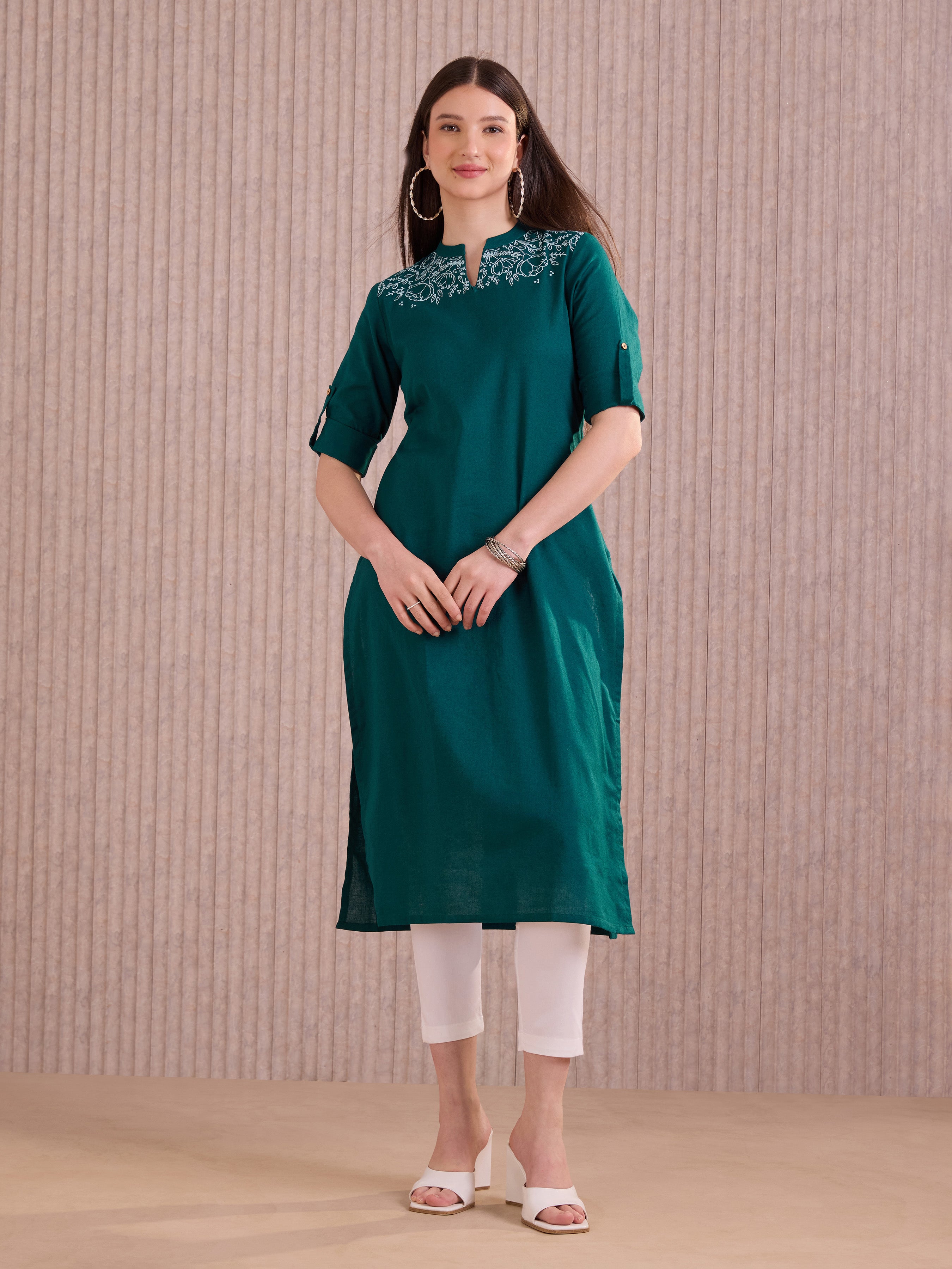 Firosi Blue Cotton Flax Plain Kurti With Embroidery
