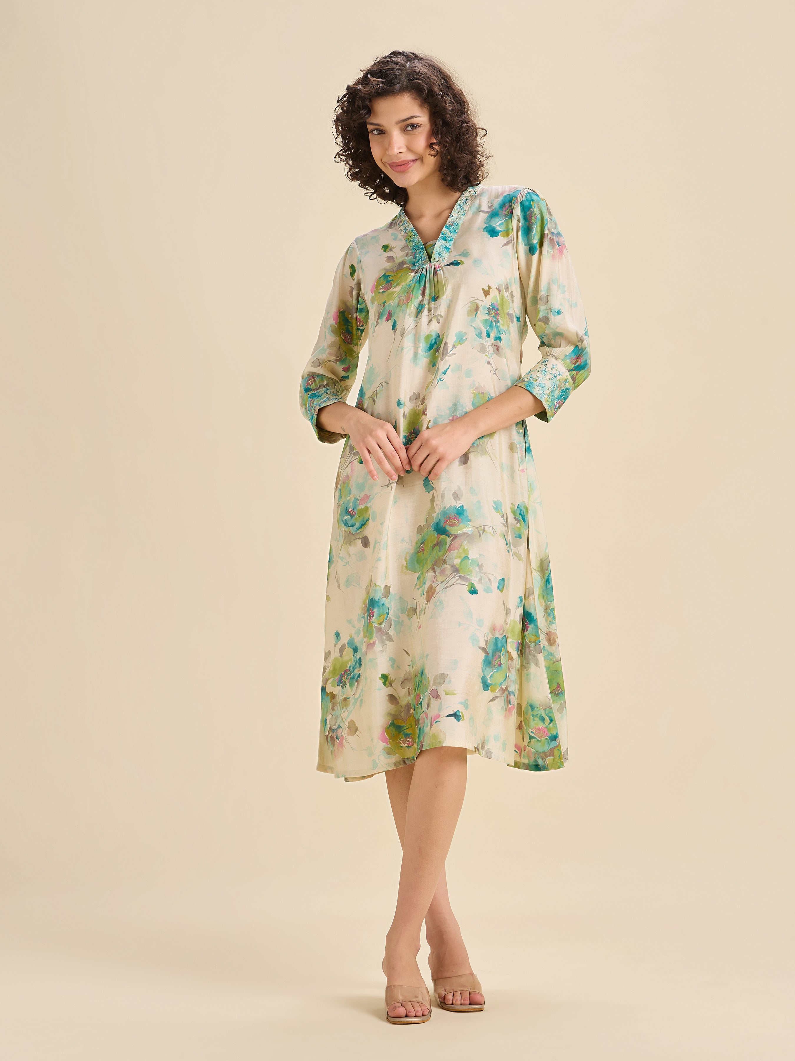 Multi Coloured Modal Chanderi Printed Kurti With Sequins Embroidery