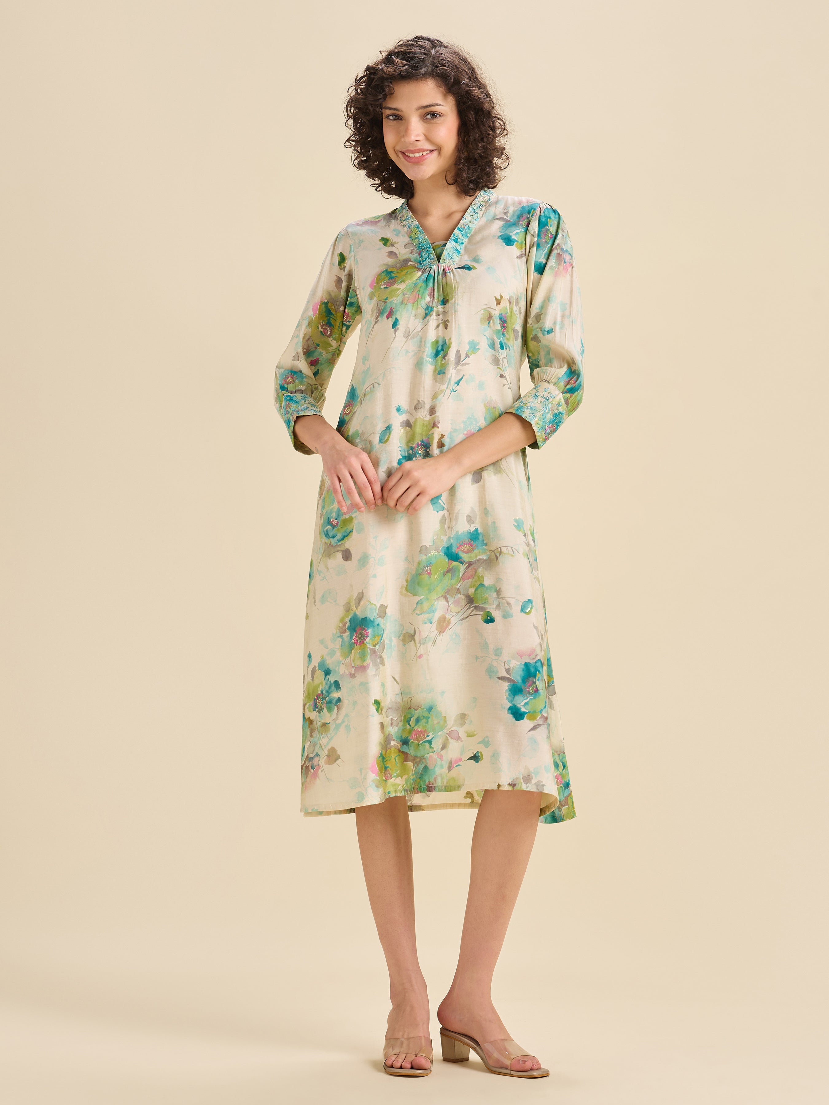 Multi Coloured Modal Chanderi Printed Kurti With Sequins Embroidery