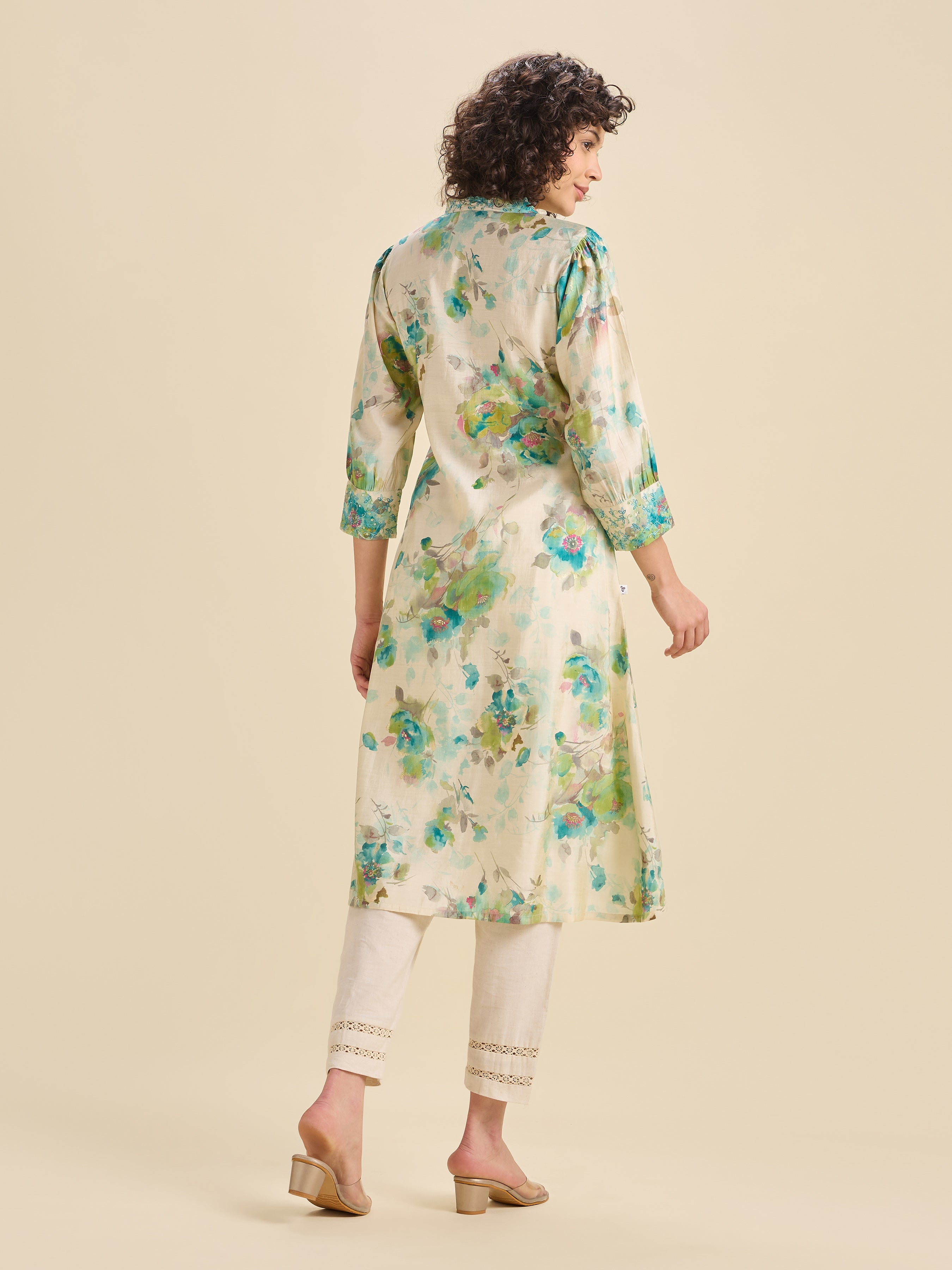 Multi Coloured Modal Chanderi Printed Kurti With Sequins Embroidery