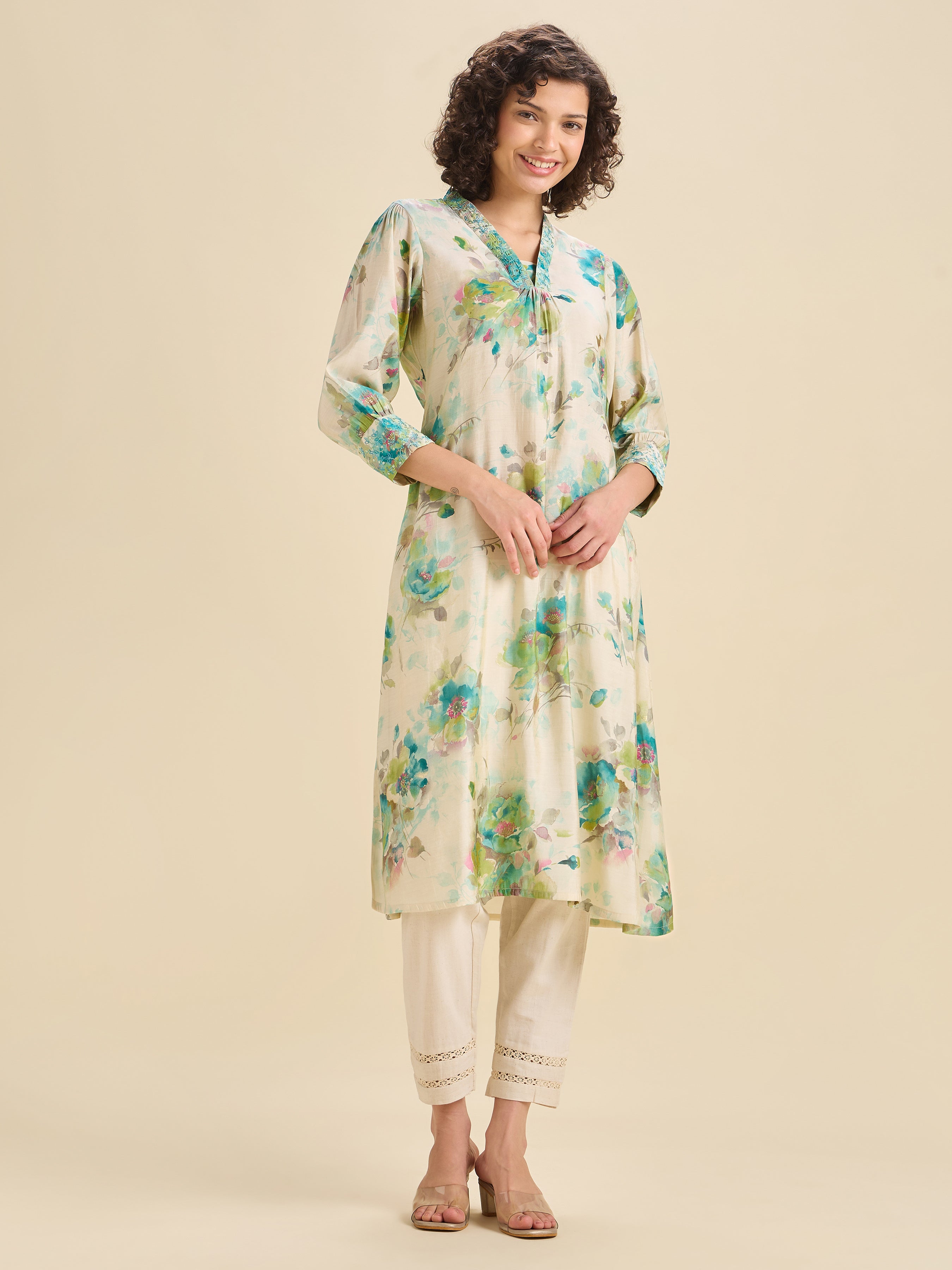 Multi Coloured Modal Chanderi Printed Kurti With Sequins Embroidery