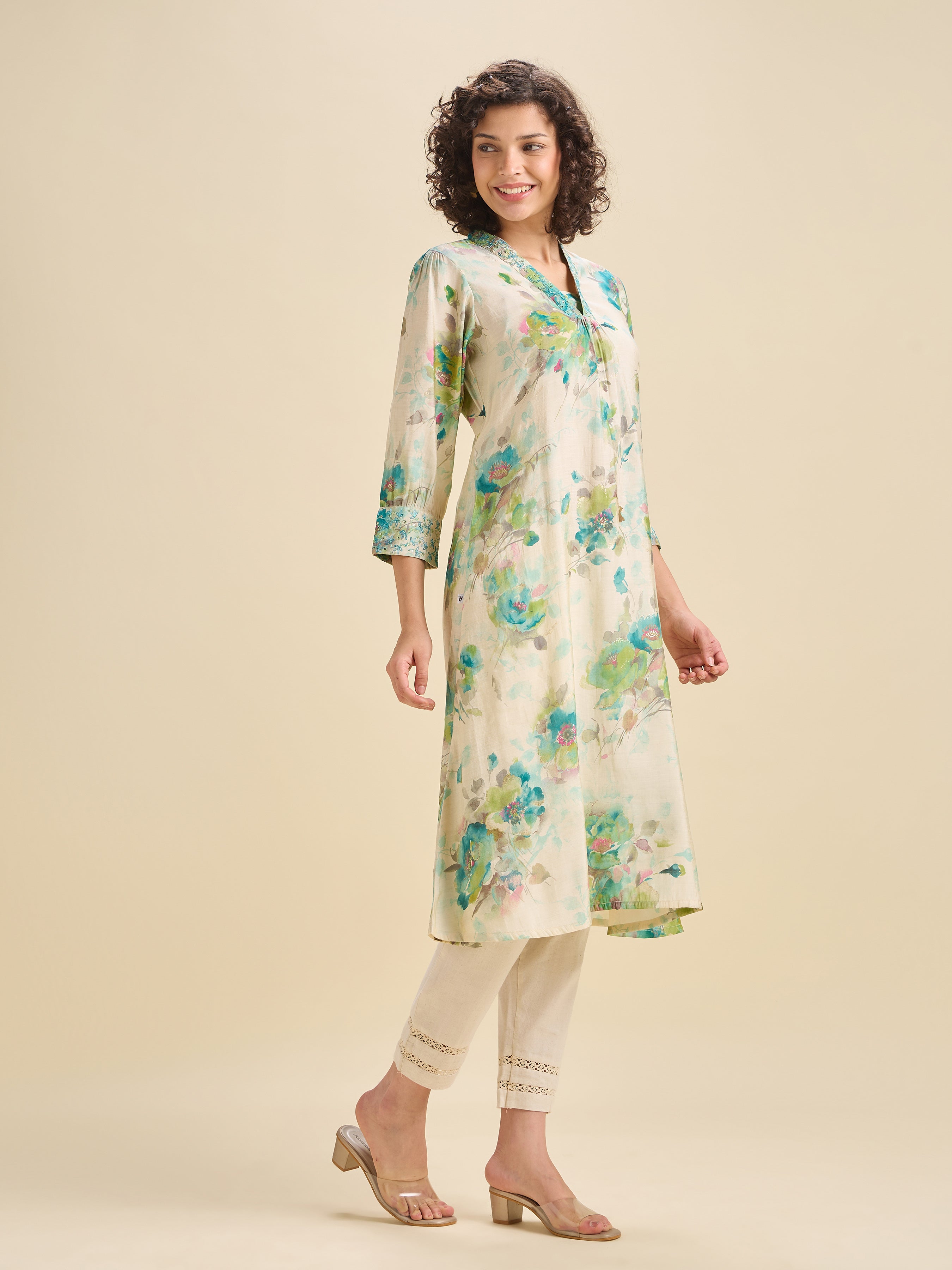 Multi Coloured Modal Chanderi Printed Kurti With Sequins Embroidery