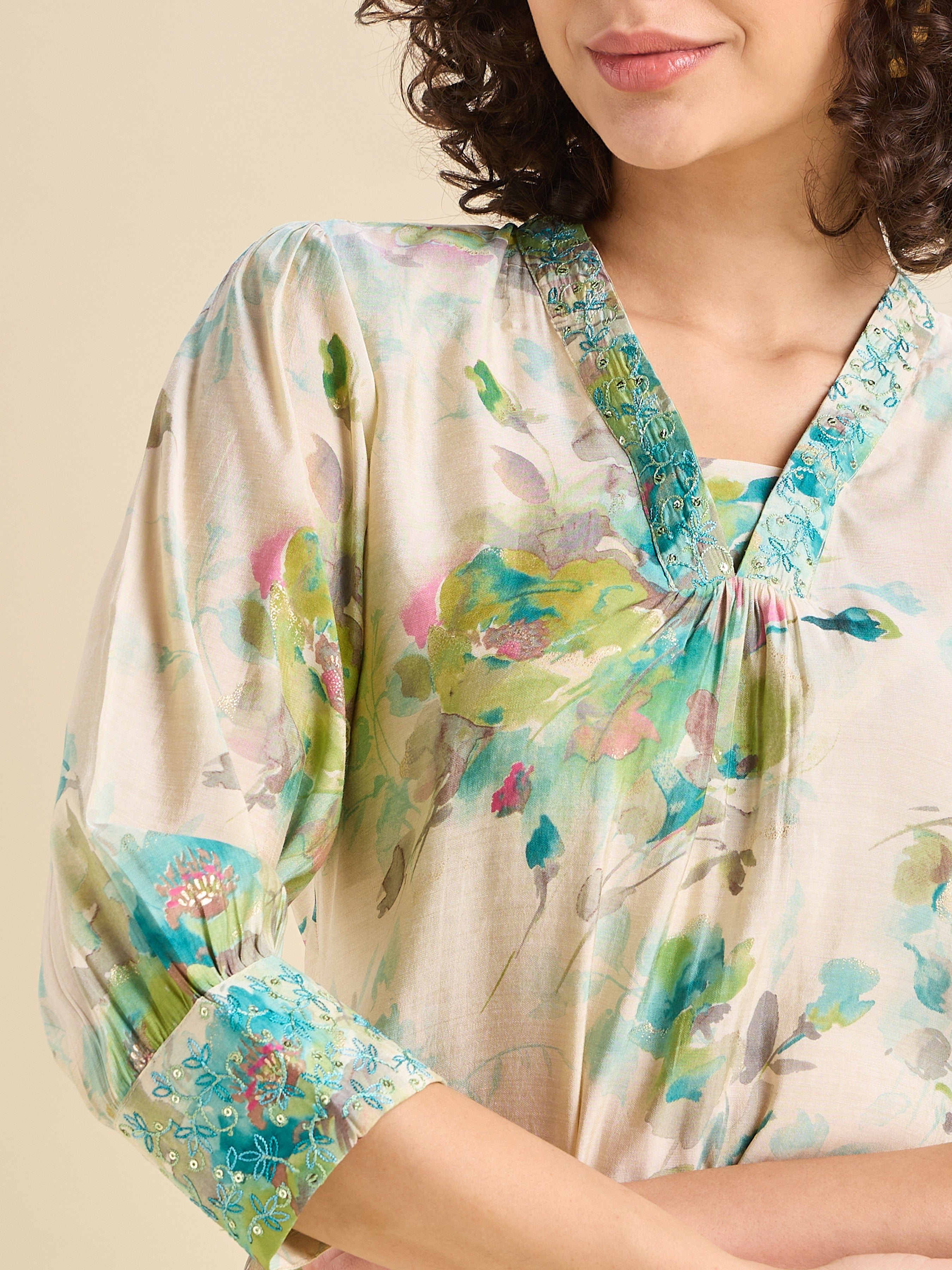 Multi Coloured Modal Chanderi Printed Kurti With Sequins Embroidery