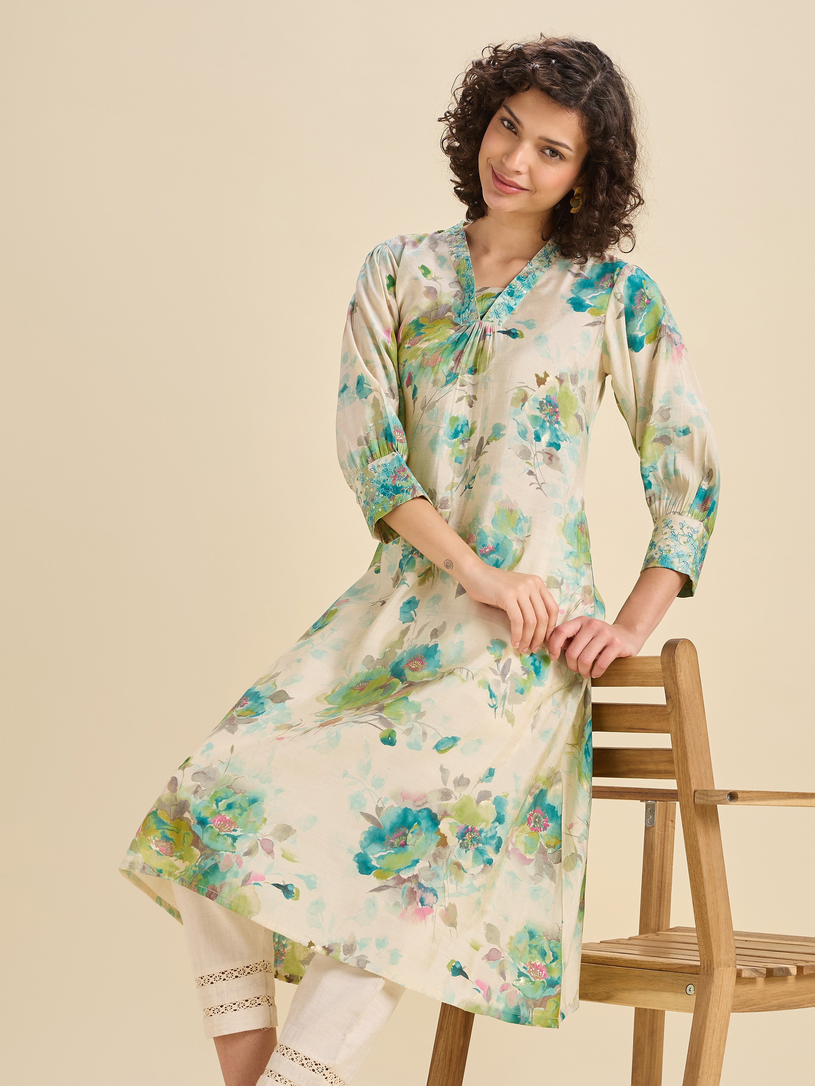 Multi Coloured Modal Chanderi Printed Kurti With Sequins Embroidery