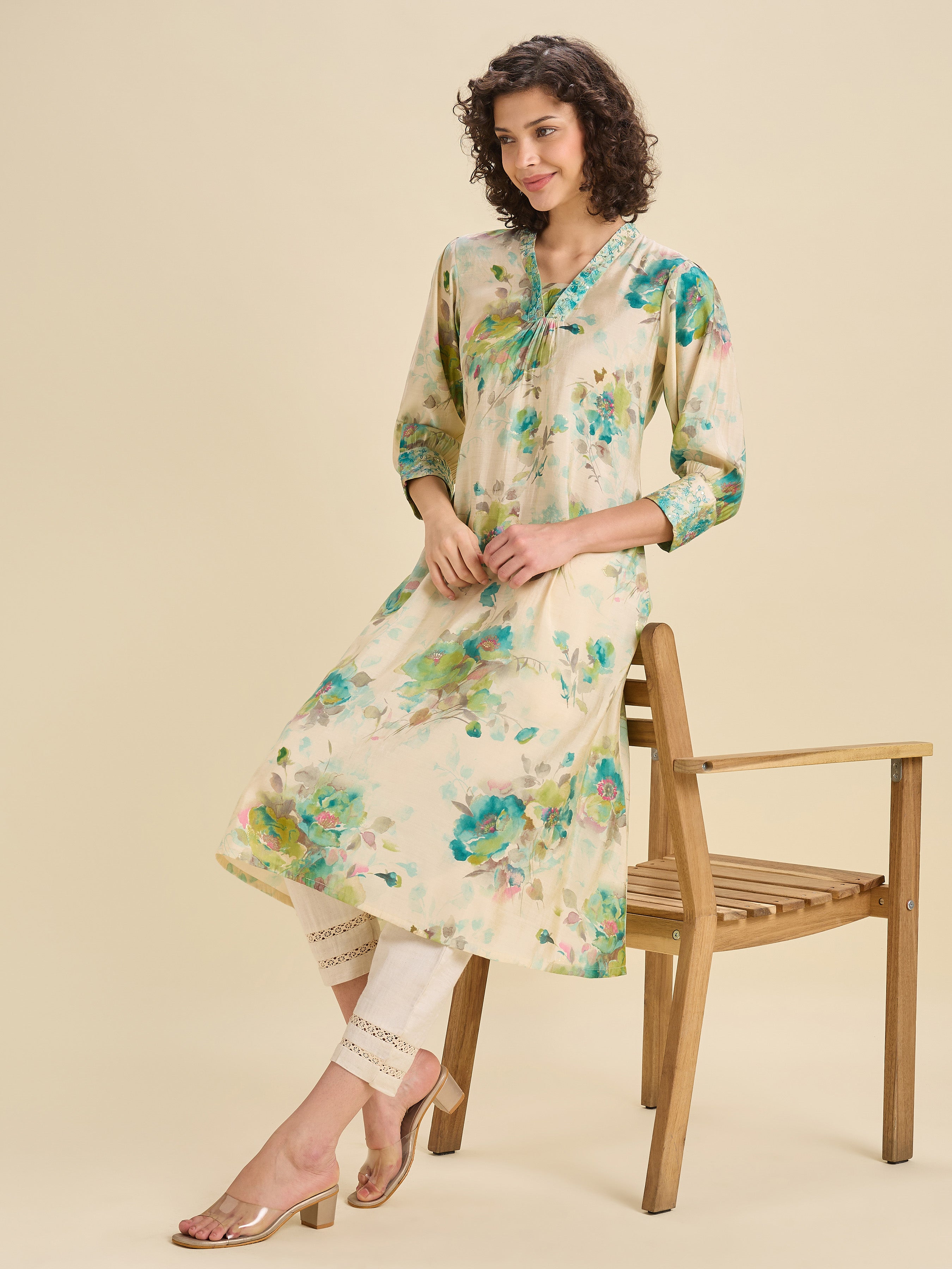 Multi Coloured Modal Chanderi Printed Kurti With Sequins Embroidery