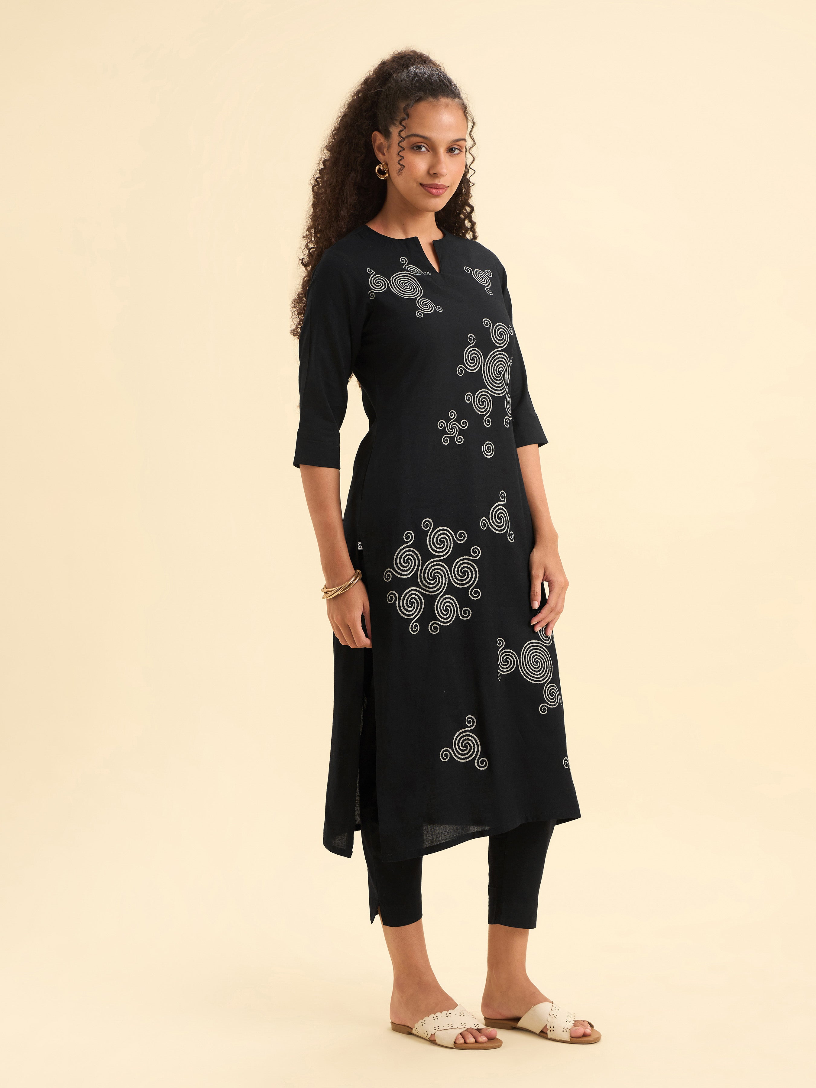 Black Cotton Viscose Slitted Kurti With Placement Print